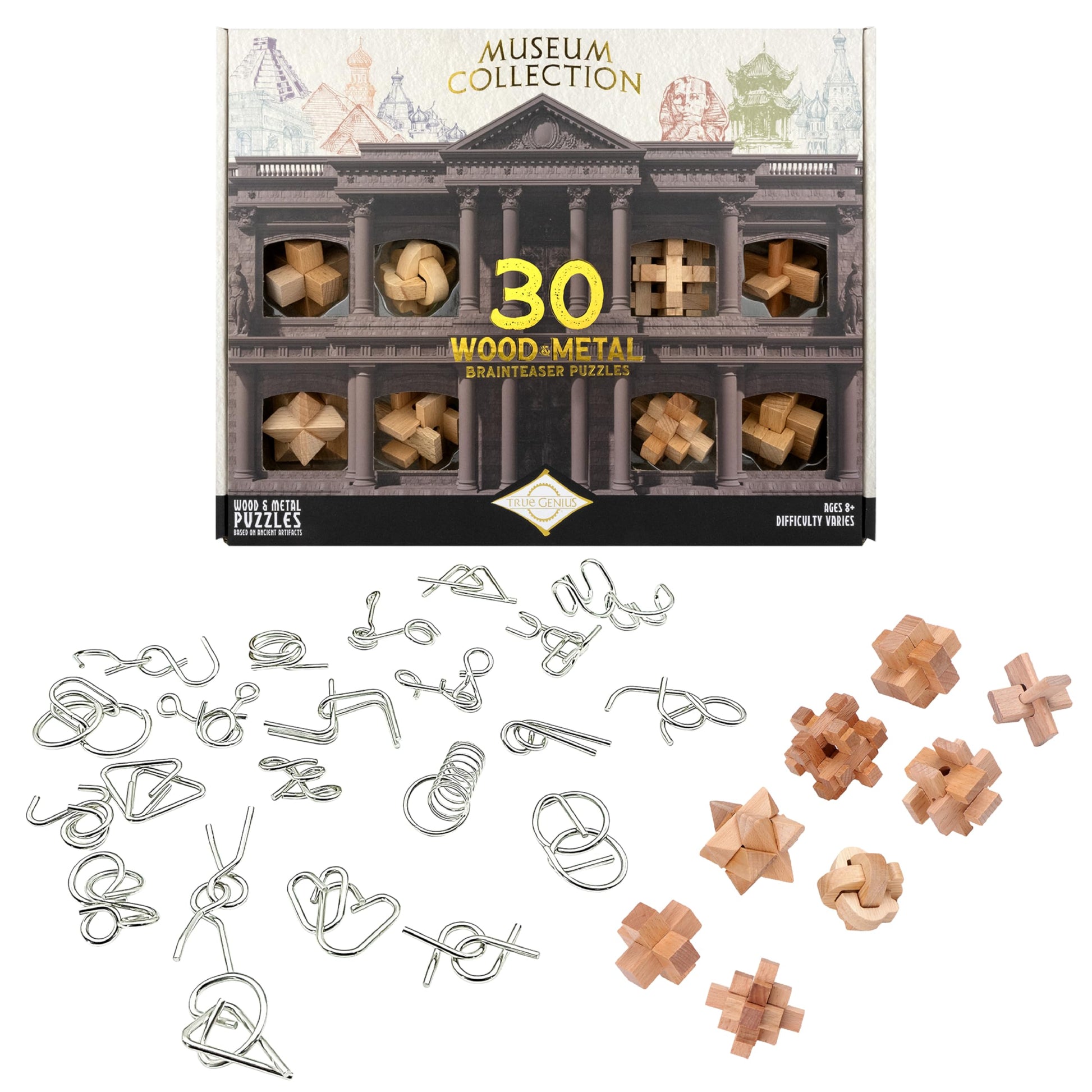 Project Genius Museum Collection Gift Set, 30-Pack of Wood and Metal Brainteasers, Beautifully Packaged Gift for Adults, Teens, and Kids 8+, True