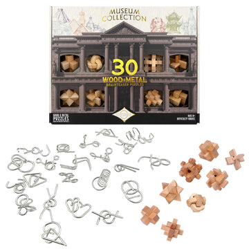 Project Genius Museum Collection Gift Set, 30-Pack of Wood and Metal Brainteasers, Beautifully Packaged Gift for Adults, Teens, and Kids 8+, True