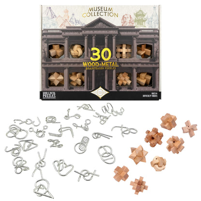 Project Genius Museum Collection Gift Set, 30-Pack of Wood and Metal Brainteasers, Beautifully Packaged Gift for Adults, Teens, and Kids 8+, True
