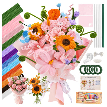 800 PCS Pipe Cleaner Flower Kit, 12 Colors Chenille Stems Craft Kit with Floral Stems, Tape, Stamens, Ribbons, Manual - Make DIY Flowers