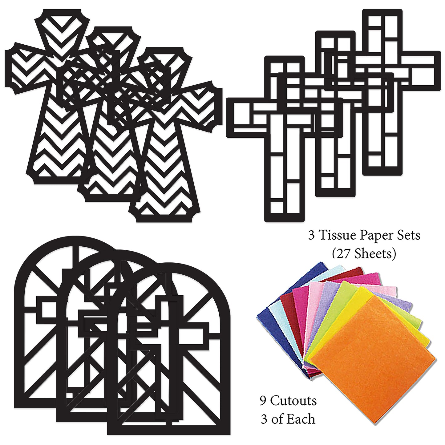 VHALE Suncatchers Craft 3 Sets (9 Cutouts) w Tissue Papers Stained Glass Effect Paper Sun Catcher Kit, Window Art, Classroom Crafts, Creative Art