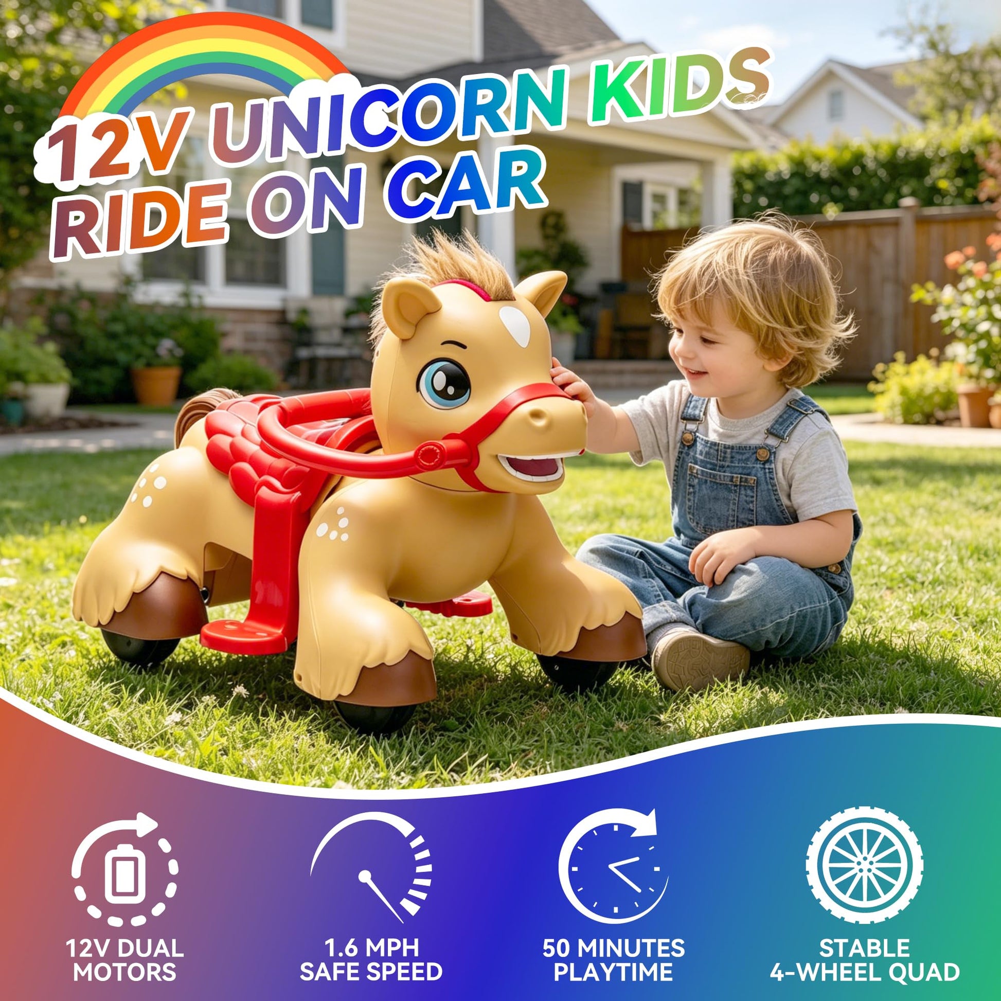 NEWDOOD 12V Ride on Toy for Toddlers, Battery Powered Electric Riding Horse w/Glowing Horn & Magic Sounds, Carrot Toy, Comb, Plush Mane, Ride on Horse