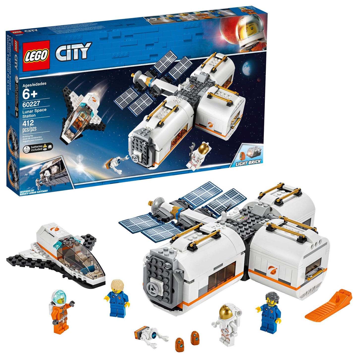 LEGO City Space Lunar Space Station 60227 Space Station Building Set with Toy Shuttle, Detachable Satellite and Astronaut Minifigures, Popular Space