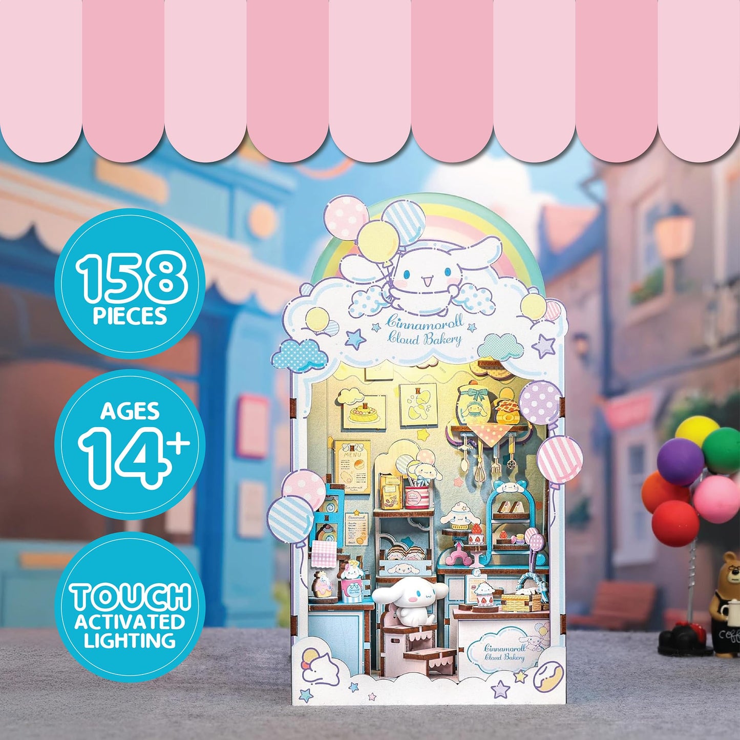 Hands Craft Cinnamoroll Cloud Bakery Book Nook Kit with Cinnamoroll Figurine - Kawaii 3D Puzzle with Touch Activated LED Lights - DIY Wooden Craft Kit