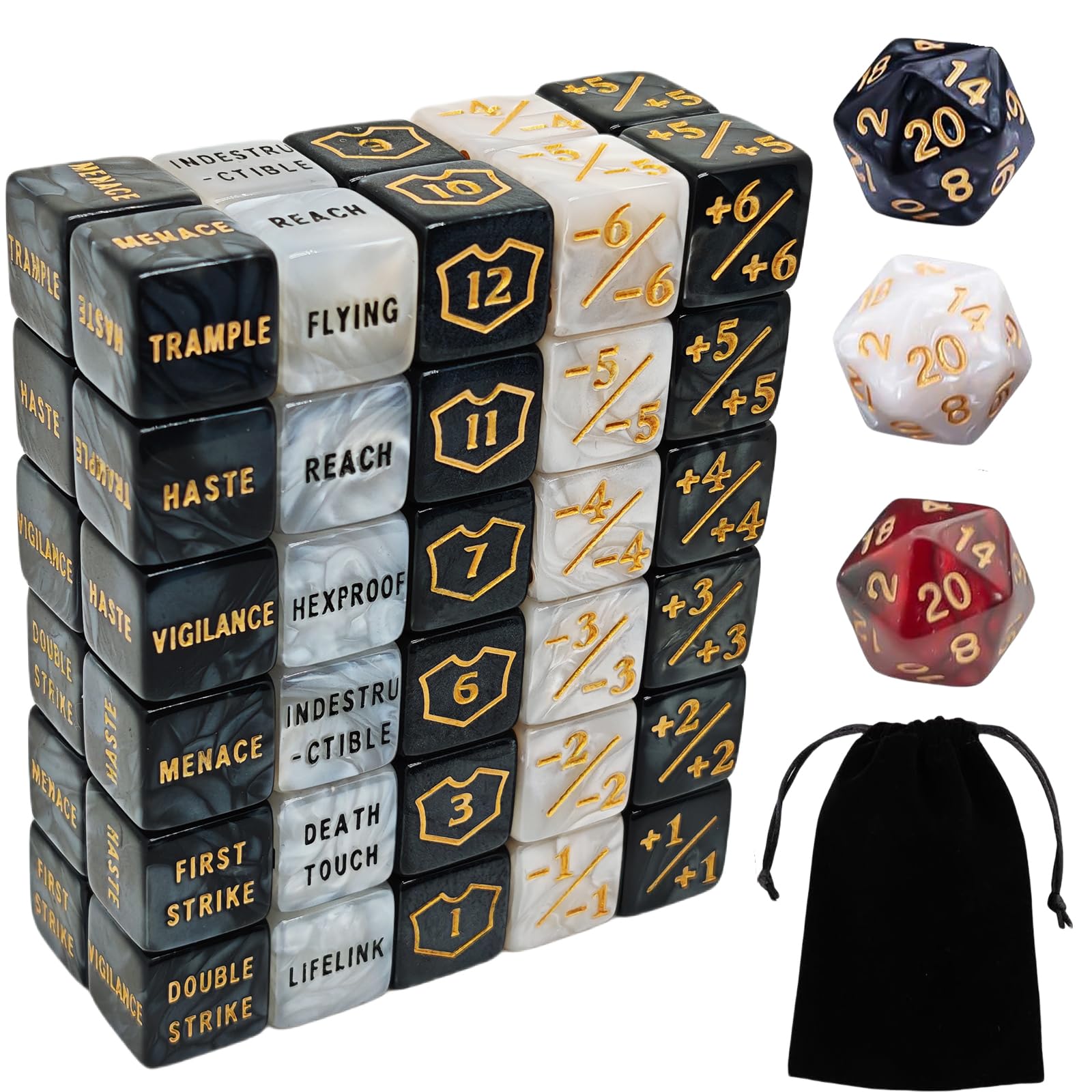63 PCS MTG Counter Dice Set - AbilityKeyword Counters, -1/+1 Life Counter, Shield Life Counter Dice, Creature Stat Buffs, Marble Colour D6 Cube Dice