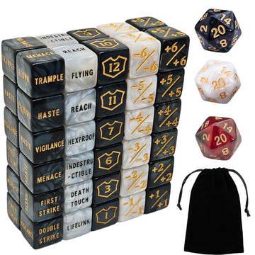 63 PCS MTG Counter Dice Set - AbilityKeyword Counters, -1/+1 Life Counter, Shield Life Counter Dice, Creature Stat Buffs, Marble Colour D6 Cube Dice