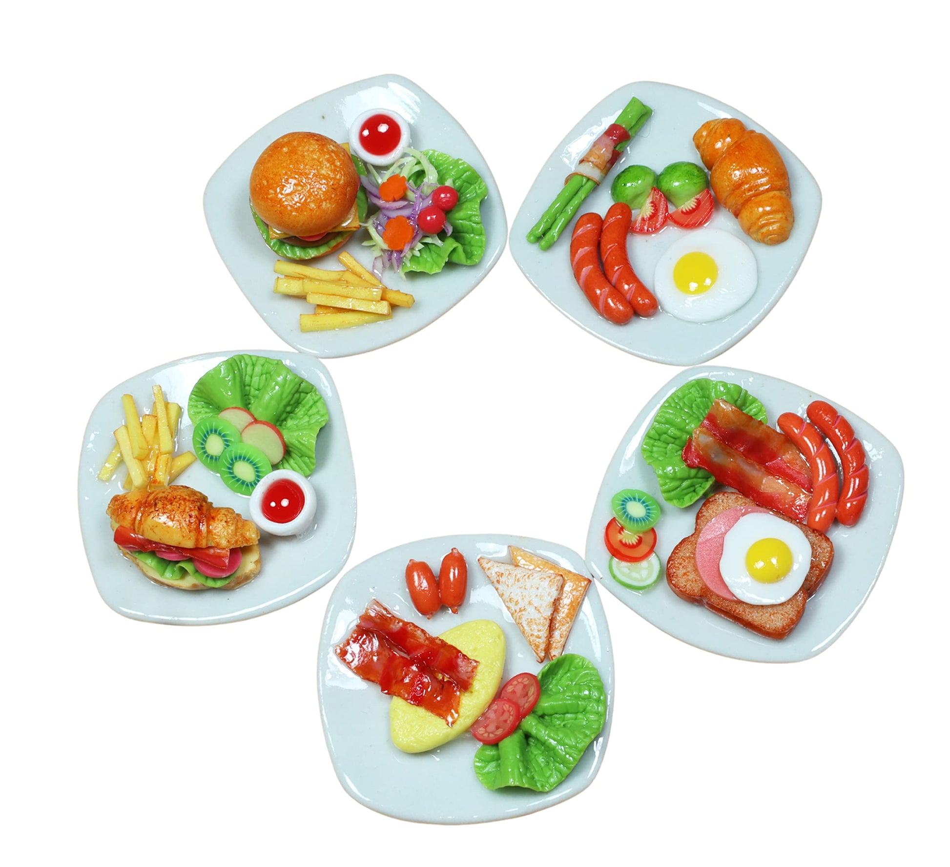 Handmade Miniature Breakfast Food Set, 5 Assorted Plates, Air Dry Clay Dollhouse Mini Food Accessories, 1:6 Scale, 1.3 Inch Plates, Realistic Kitchen
