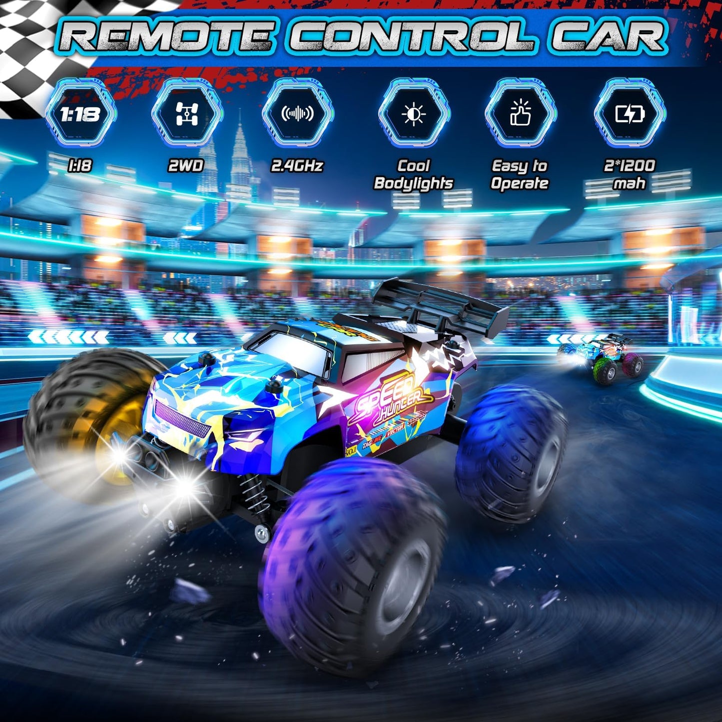All Terrain Remote Control Car for Boy with LED Lights 2 Batteries 20 KM/H