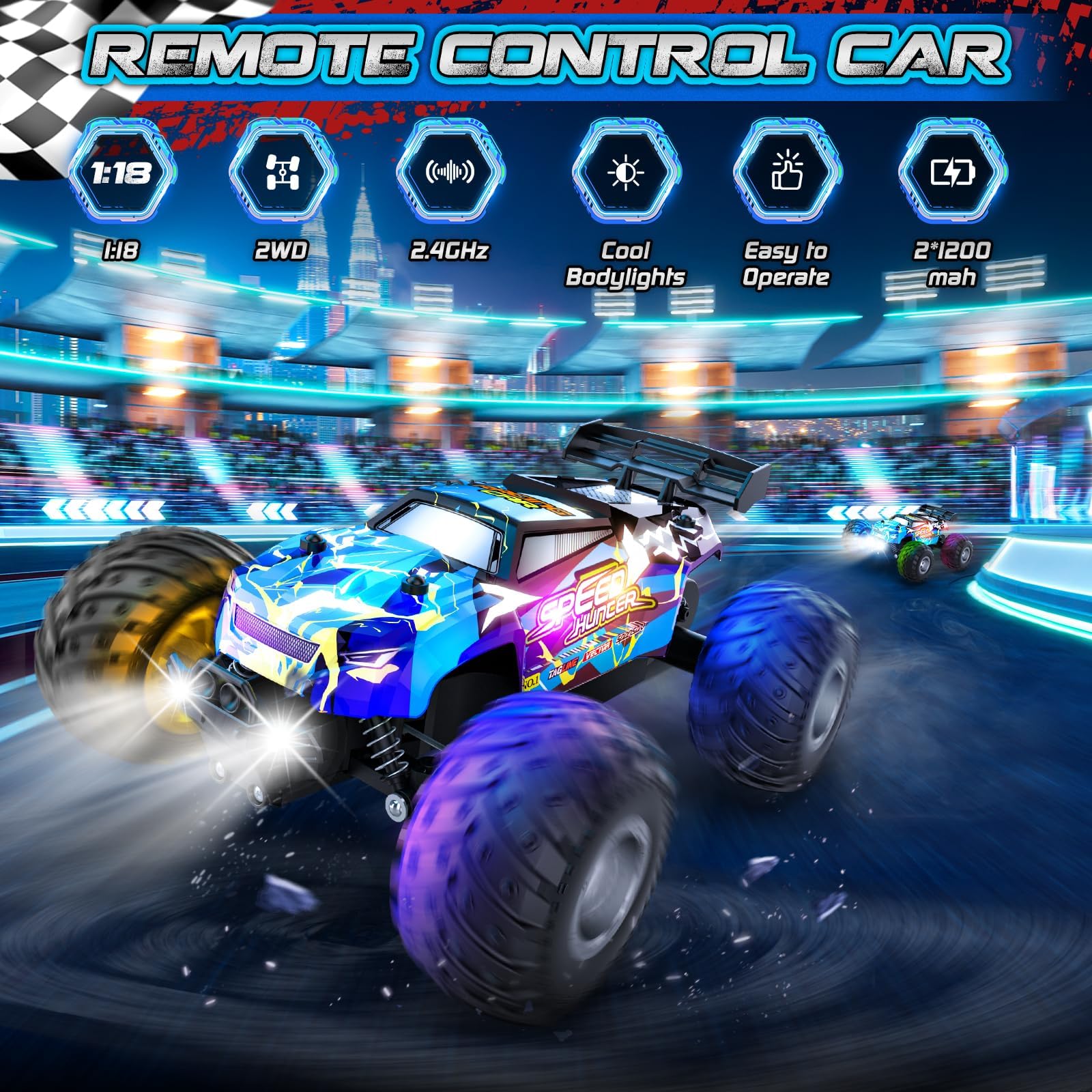All Terrain Remote Control Car for Boy with LED Lights 2 Batteries 20 KM/H