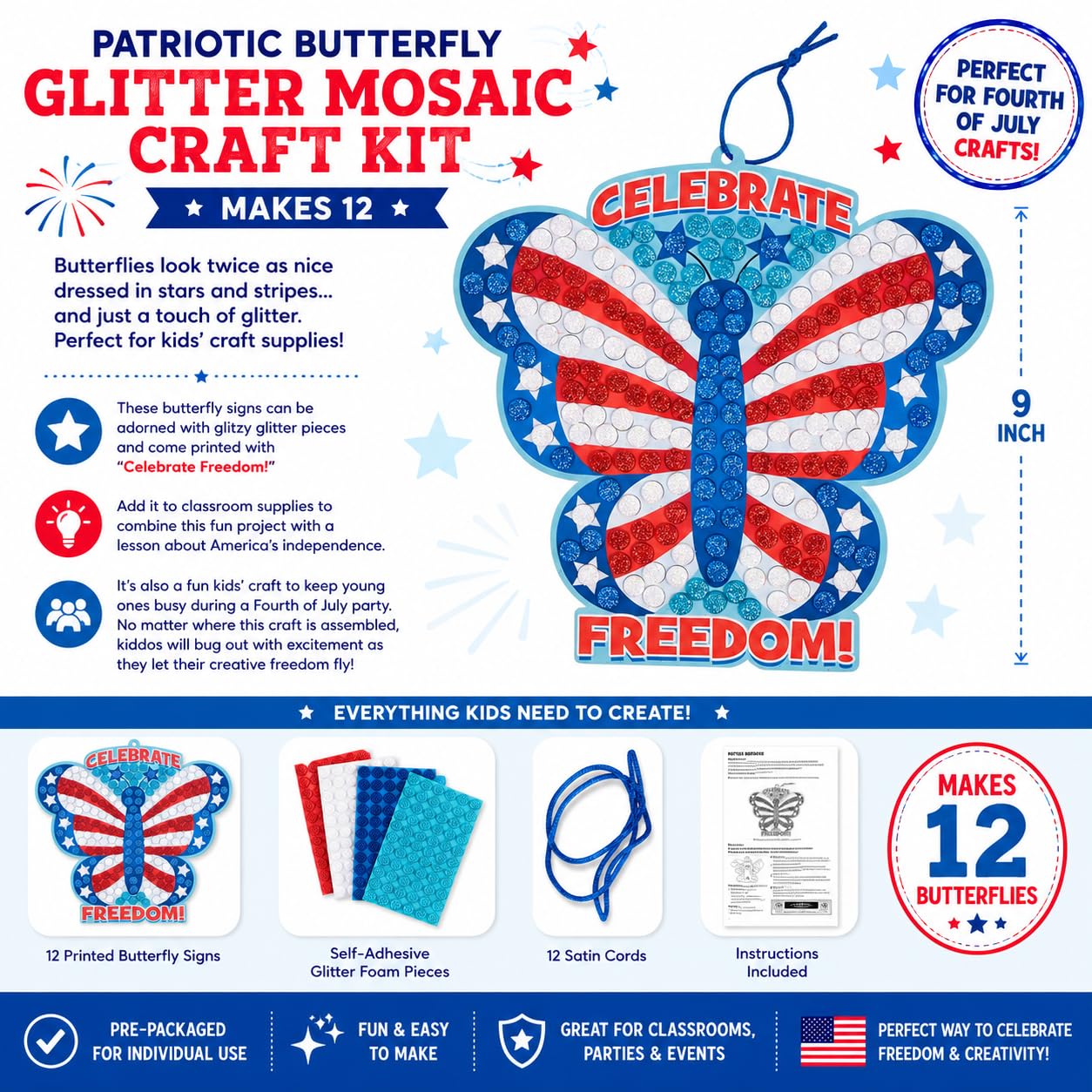 Fun Express USA Patriotic Butterfly Glitter Mosaic Craft Kit - Makes 12 - Fourth of July Crafts for Kids