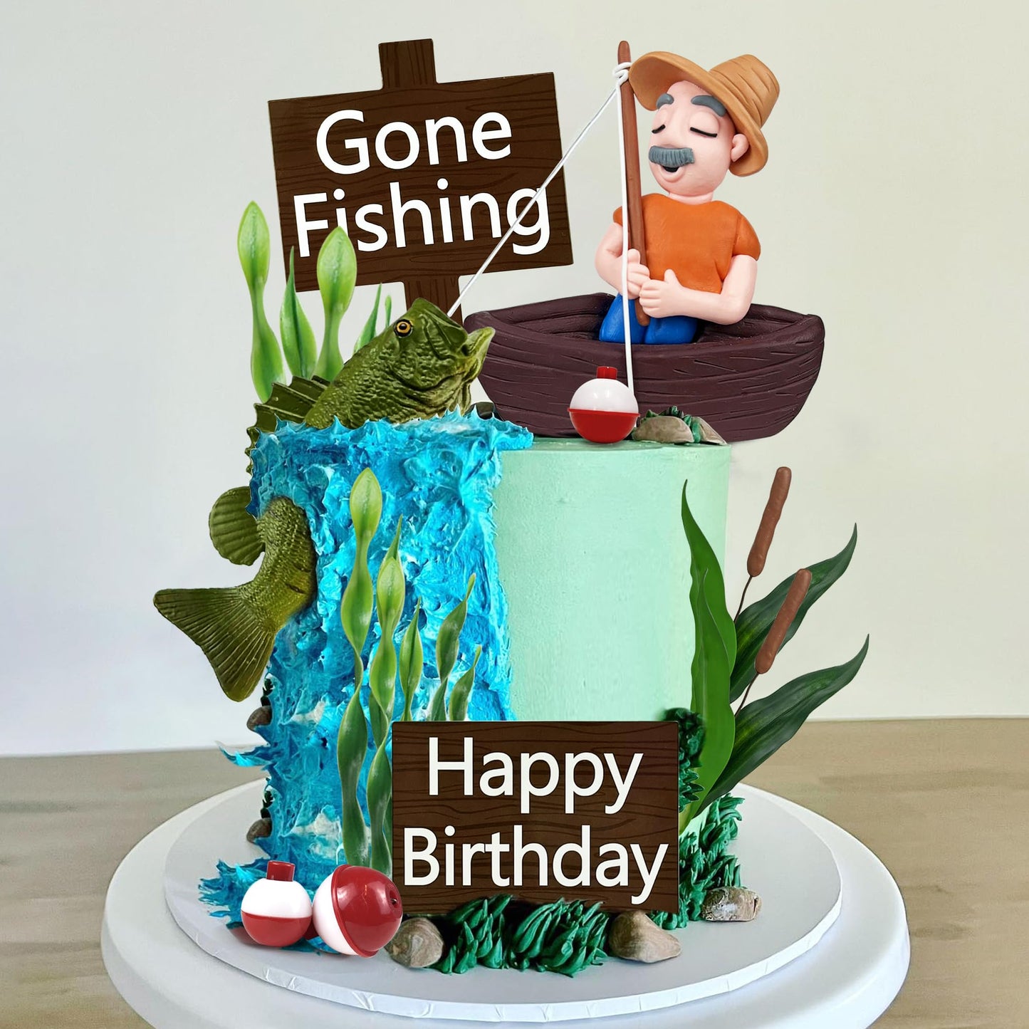 21 PCS Gone Fishing Cake Toppers Fisherman Fish Cake Decoration for Gone Fishing Themed Party Supplies Decor