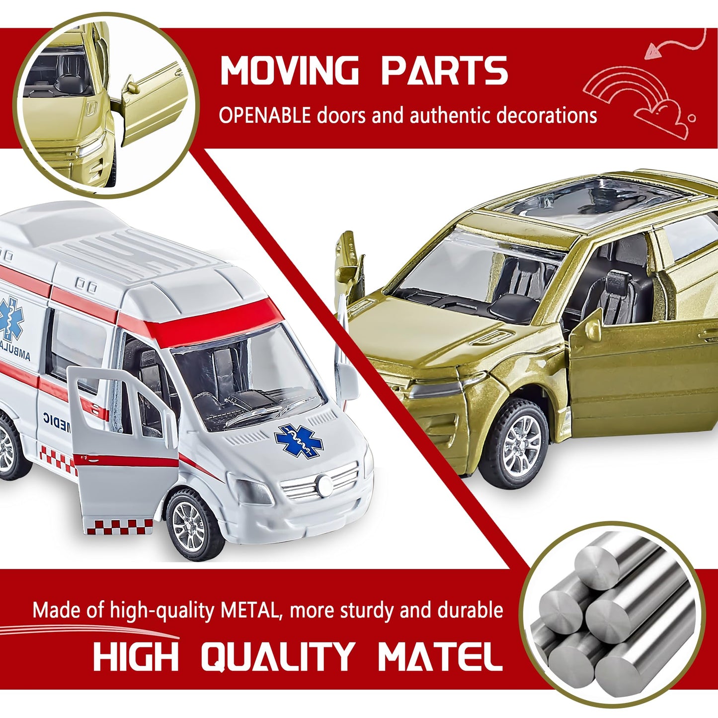 KIDAMI Die-cast Metal Toy Cars Set of 5, Openable Doors, Pull Back Cars Ambulance, Gift Pack for Kids (Official Car ?)