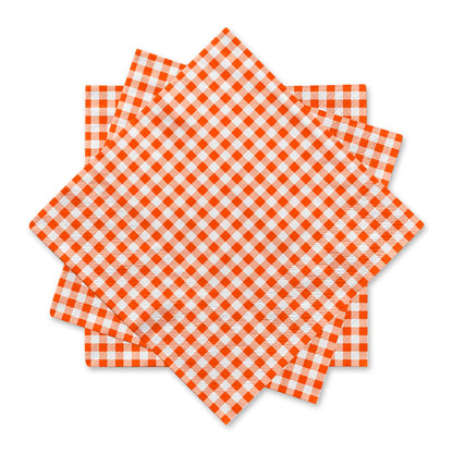Gatherfun Disposable Paper Napkins 3-ply Orange and White Gingham Beverage Napkins for Dinner, Picnic, Birthday Party?6.5X6.5 in, 50-Pack)