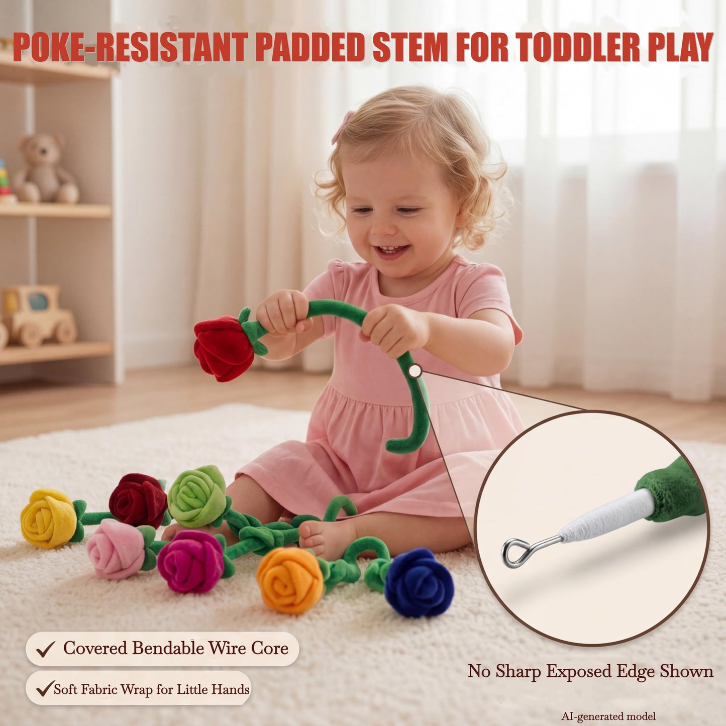 Tplay Rose Flower Plush for Toddlers: Bendable 0-Poke Encased Stems - Safe Worry-Free Play Toy - 15lbs Tear-Resistant Stuffed Bouquet Girl Gift 2-5