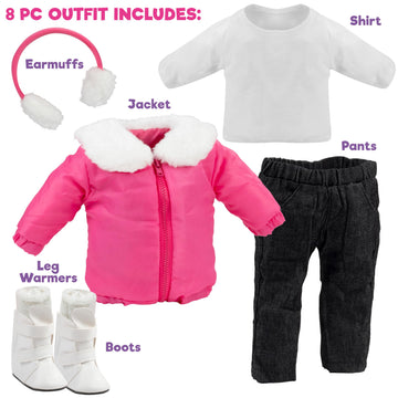 Winter Snow Doll Outfit for 18" Dolls-Premium Handmade 5pc Lodge Vacation Ski Clothes & Accessories Compatible w American Girl Doll- Includes Jacket