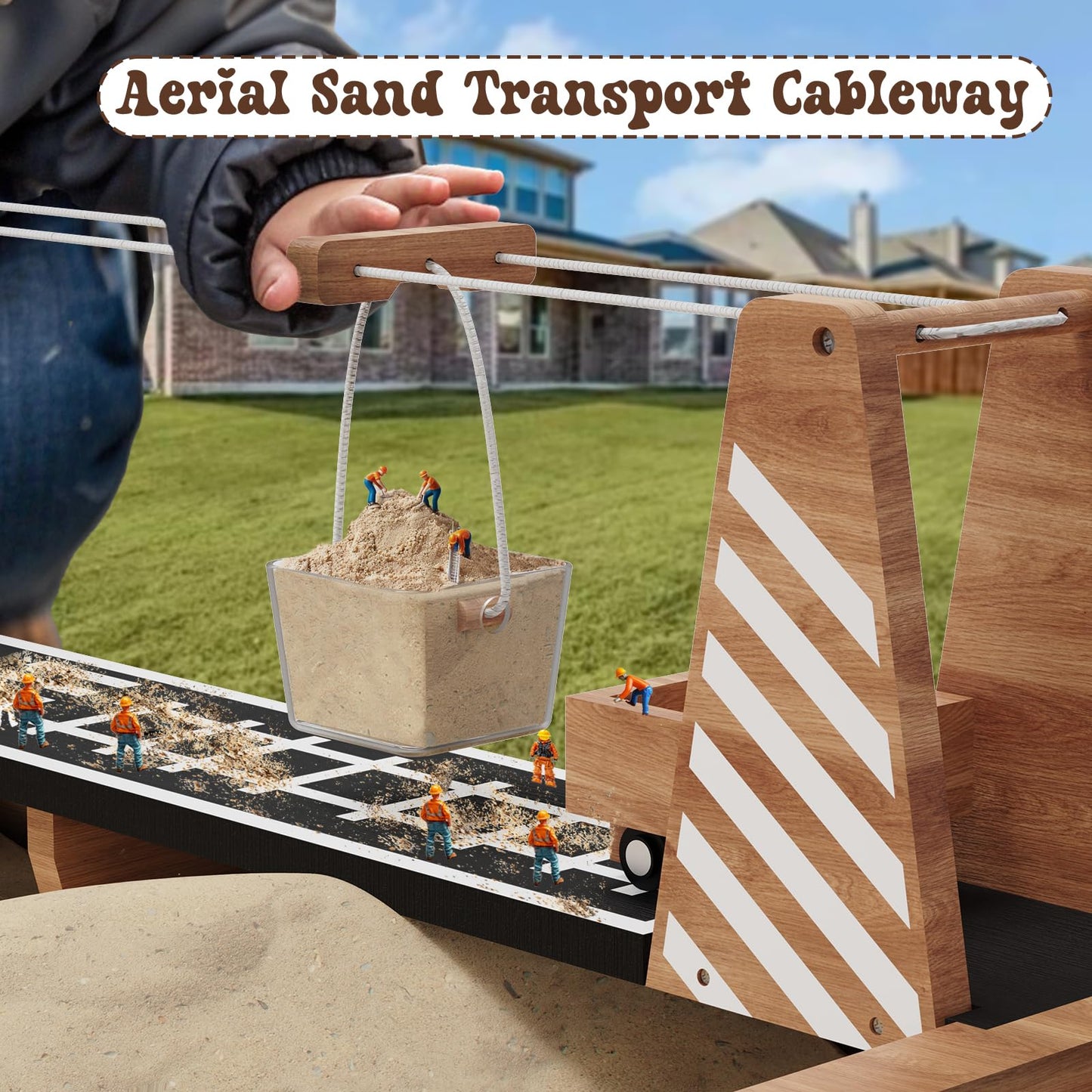 IDEA FAMILY Kids Wooden Sandbox with Fun Sand Play Theme,2 Toy Buckets & 3 Reinforced Benches Outdoor Sand Box for Backyard Garden Patio Lawn Cedar