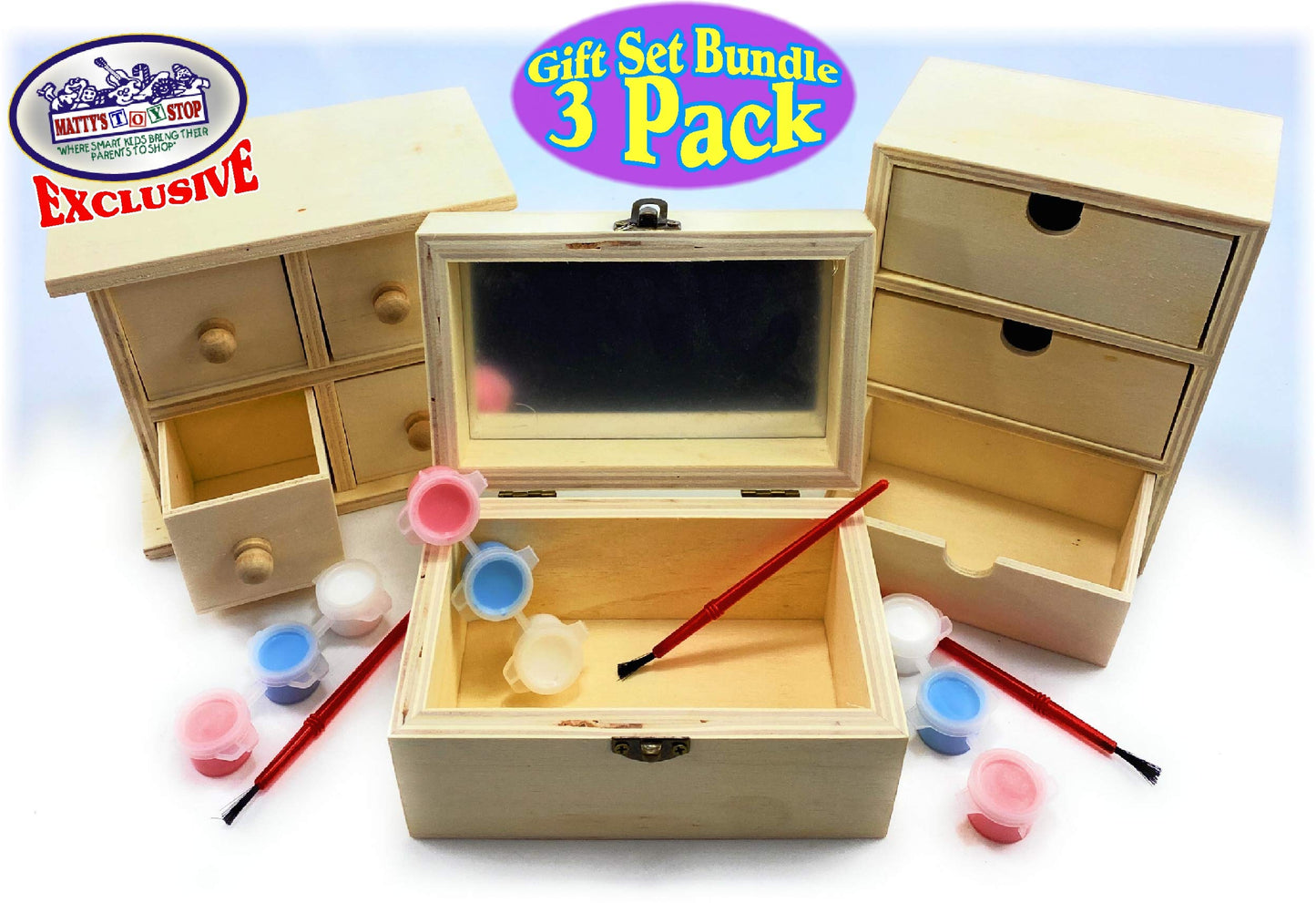 Matty's Toy Stop Design & Paint Your Own Wooden Jewelry Box Set with Mirror Jewelry Box, 3 Drawer Dresser, 4 Drawer Dresser, 3 Brushes & 9 Paints (3