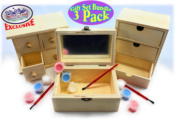 Matty's Toy Stop Design & Paint Your Own Wooden Jewelry Box Set with Mirror Jewelry Box, 3 Drawer Dresser, 4 Drawer Dresser, 3 Brushes & 9 Paints (3