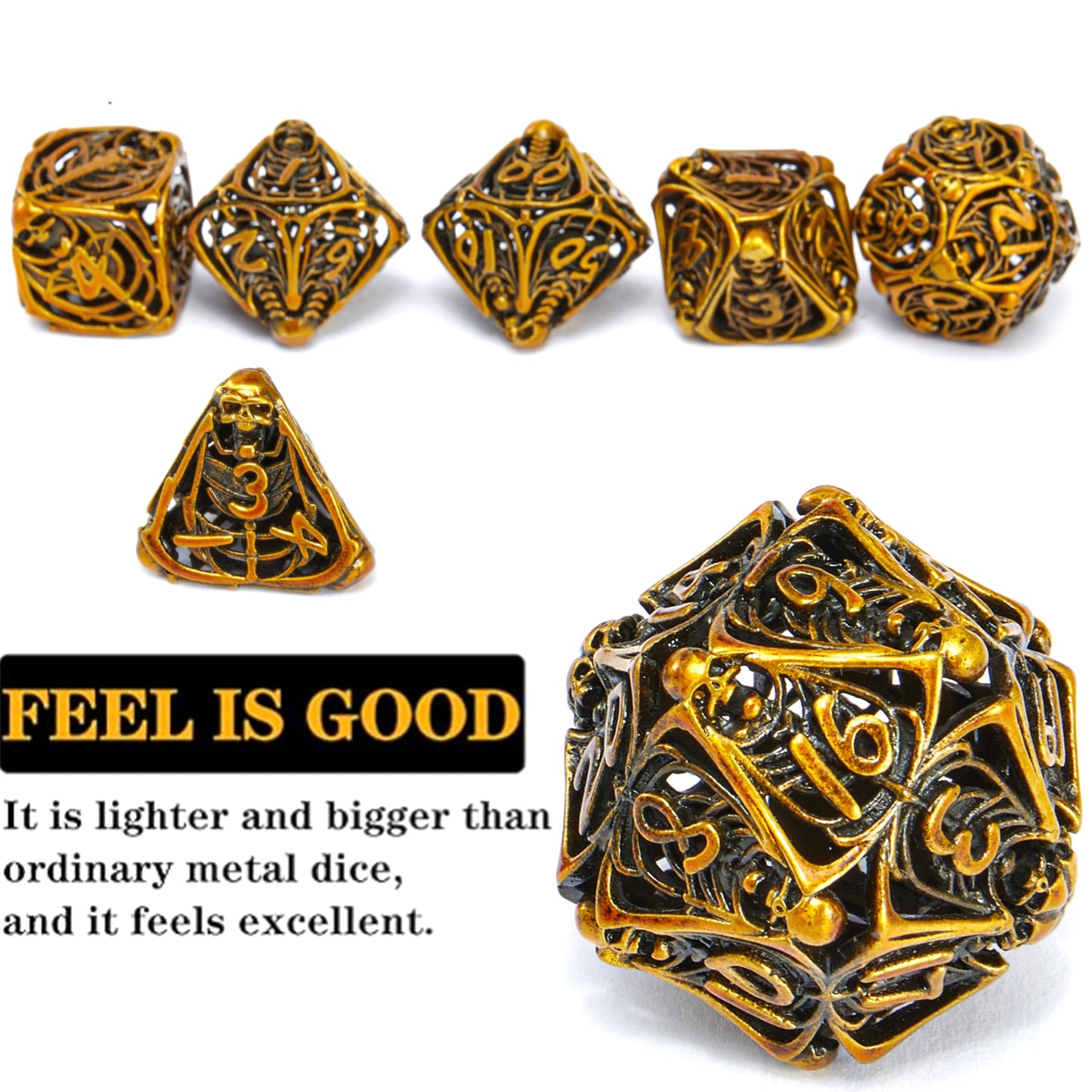 Metal Skull Dice Set Hollow Multi-Sided Dungeons & Dragons Dice 7CPS Role-Playing Dice Set with Flannel Bag Suitable for D&D Board Game Cards(Kugin)