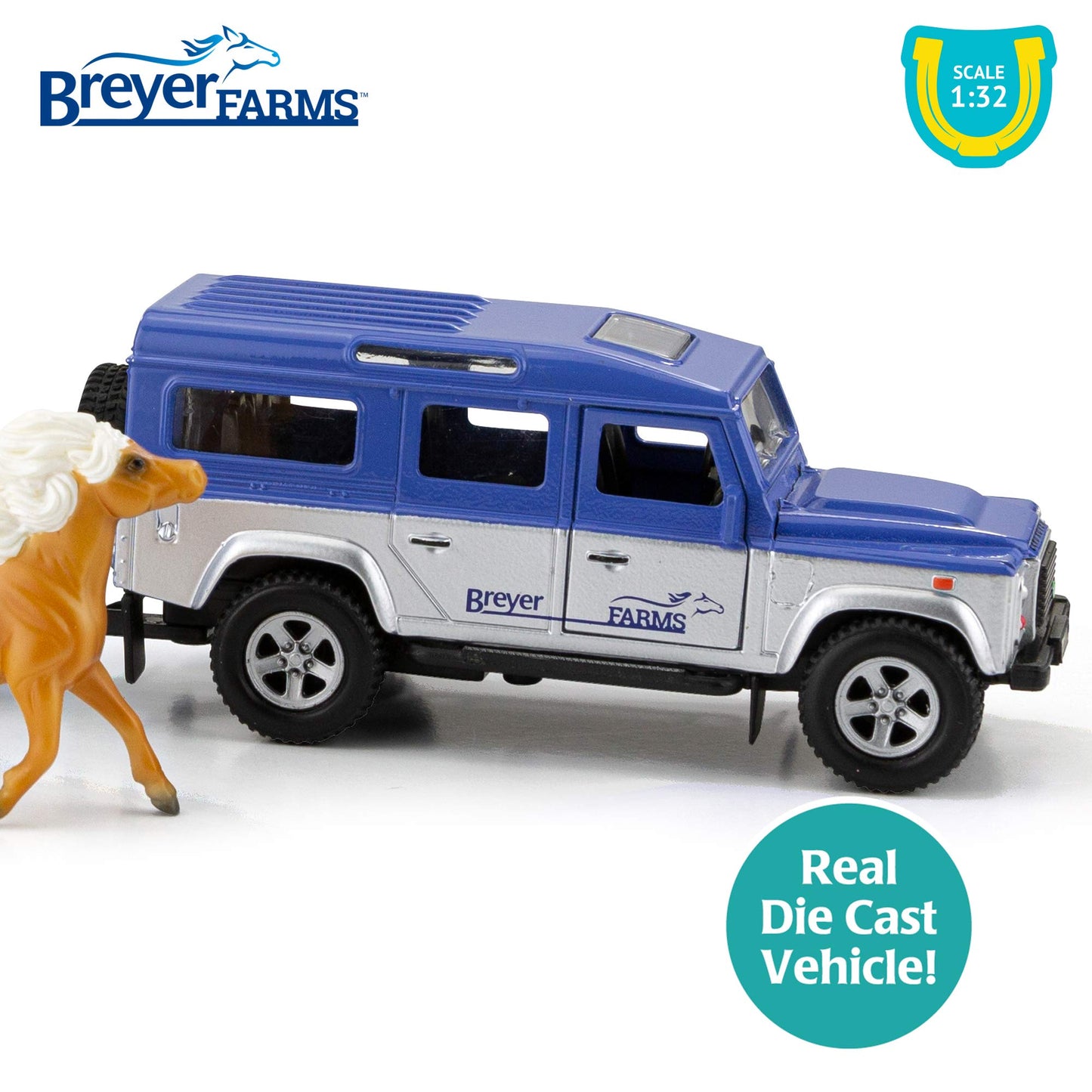 Breyer Horses Farms Land Rover and Tag-a-Long Trailer and Playset | Die Cast | 3.25” H x 10.5” L x 2.5” D | 2 Stablemates Horses Included | 1:32 Scale