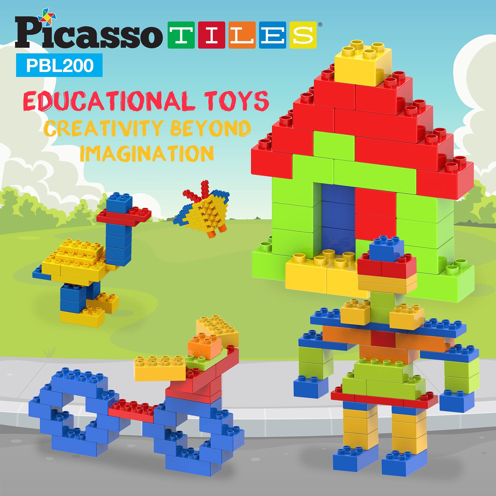 PicassoTiles 200 Piece Large Construction Brick Building Blocks STEM Bricks Toy Set Creative Learning Early Education Playset 5 Colors 4 Unique Shapes