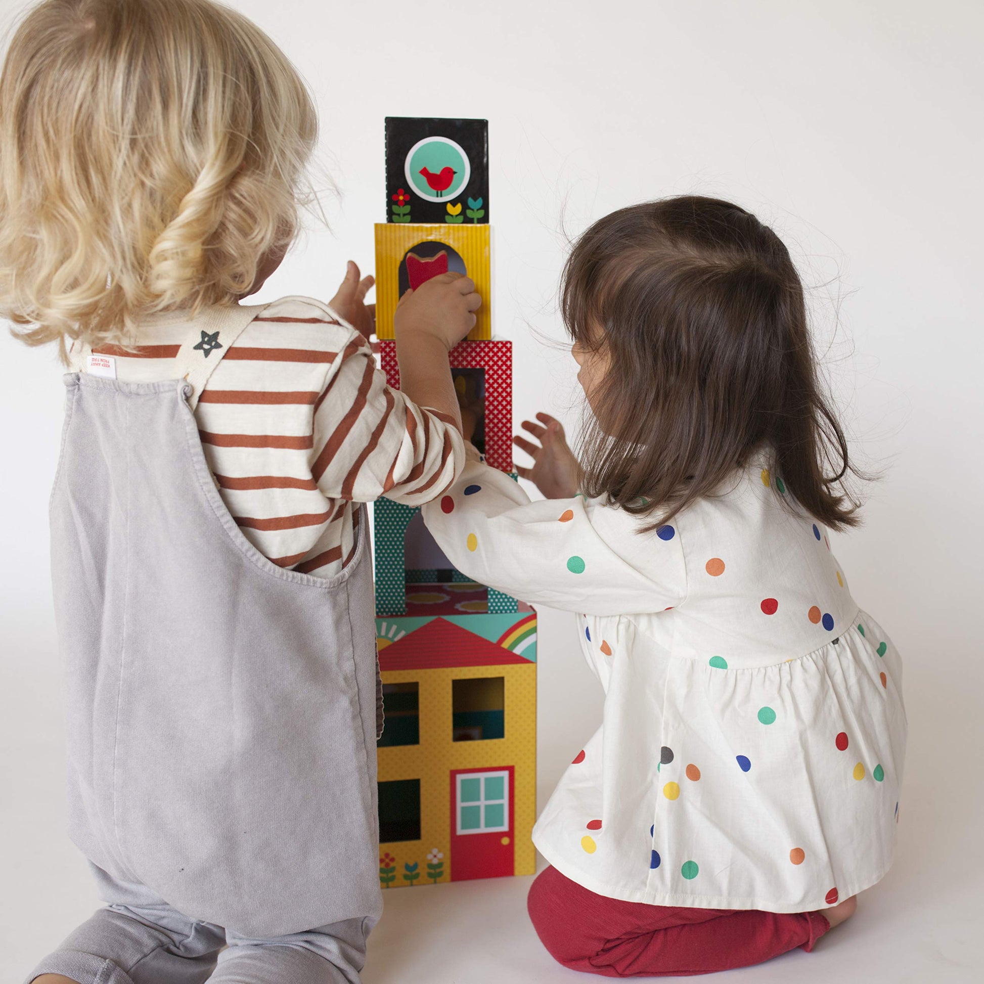 Petit Collage Peek-A-Boo Nesting and Stacking Blocks Playset, Includes 4 Stacking Boxes and 3 Wooden Characters - Easy Storage and Cute Illustrations