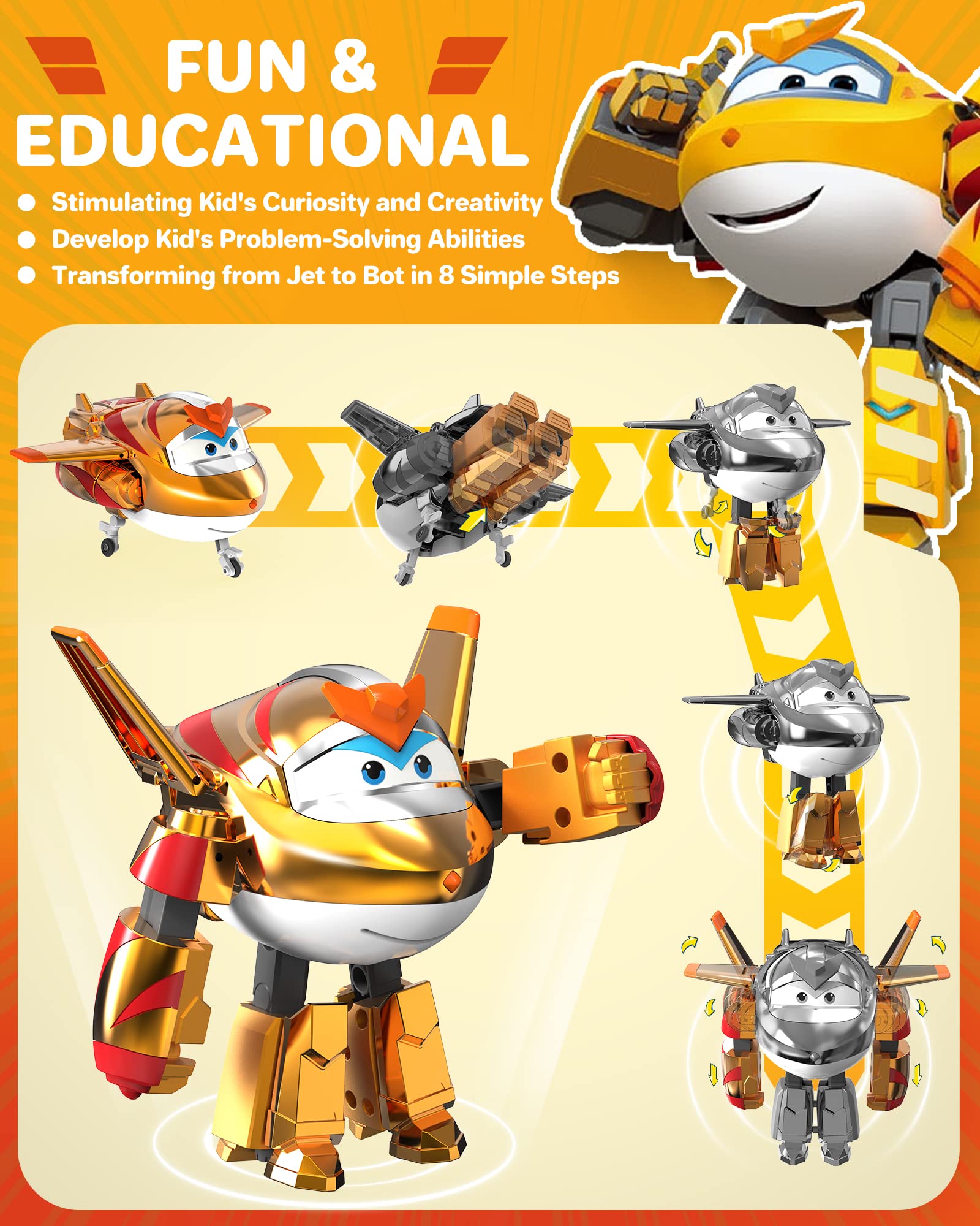 Super Wings 5" Transforming Golden Boy, Airplane Toys Vehicle Action Figure, Transforming Plane to Robot, Birthday Gifts for 3 4 5 Year Old Boys Girls