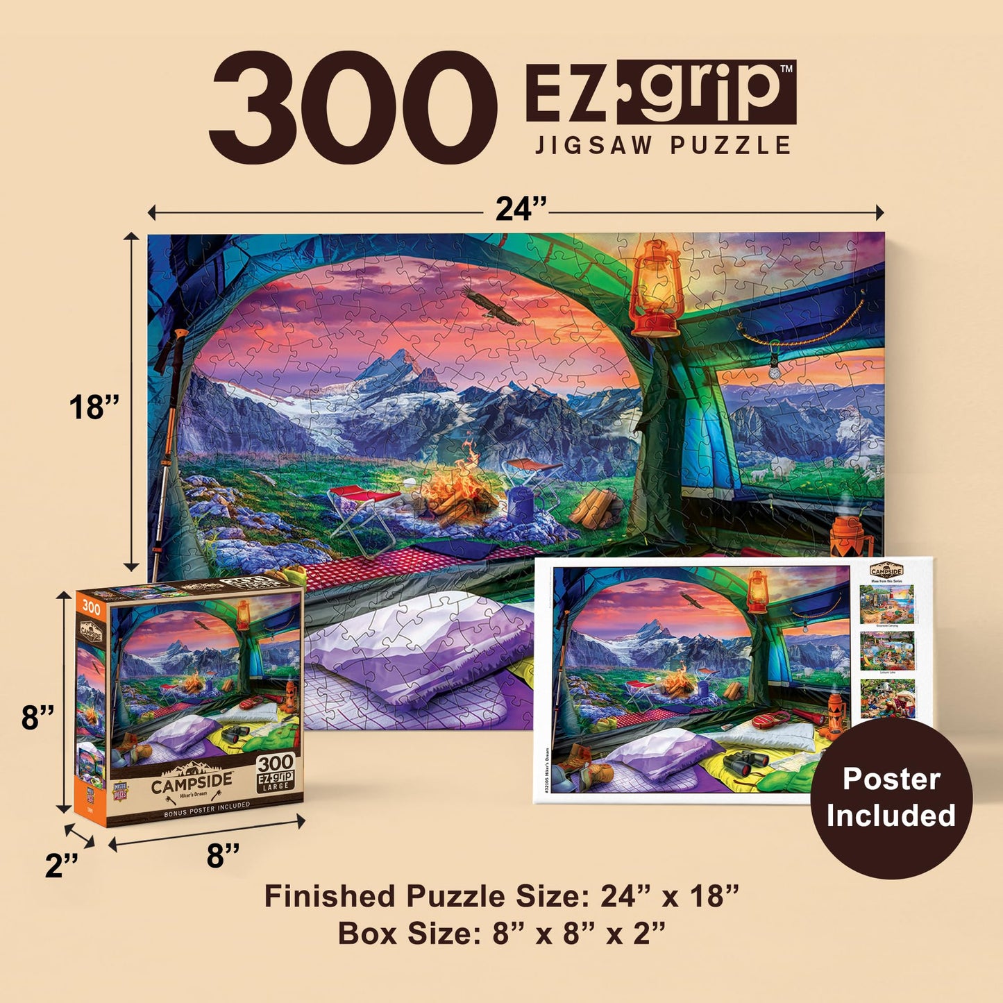 MasterPieces - 300 Piece Jigsaw Puzzle, Large EZ Grip Shapes, Hiker’s Dream, Fun for Adults, Seniors, Family, Kids, Non-Glare Finish, 18"x24"