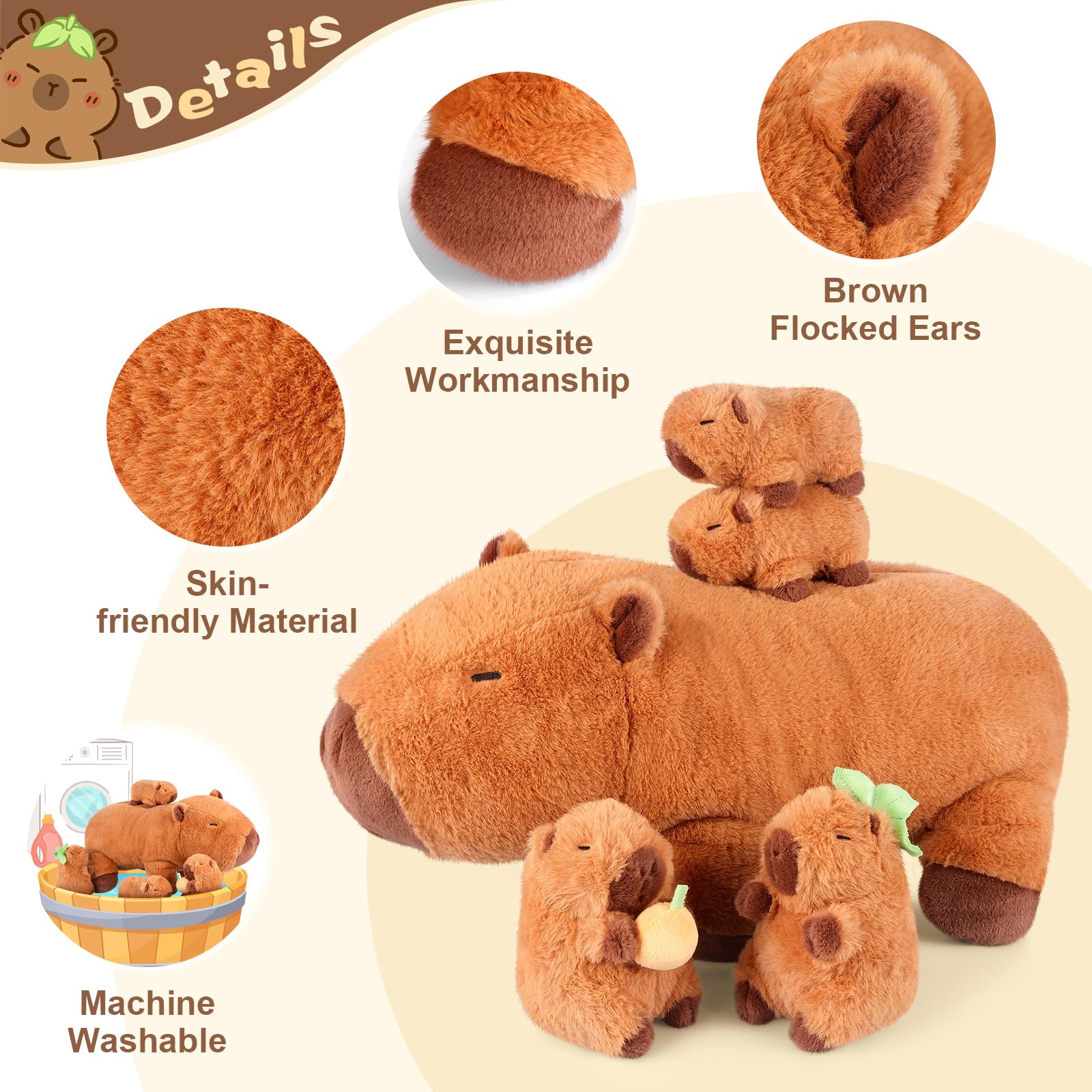 SuzziPals Capybara Stuffed Animal with Babies Inside, 5PCS Capybara Plush Set with Mommy & 4 Baby Capybaras, Soft Pillow Plush for Bedroom Decor