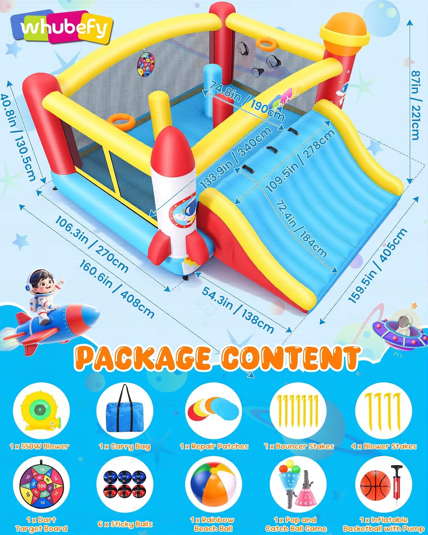 Inflatable Bounce House with Mega Elevated Slide for Big Kids 3-12 Space Rocket Bouncy Castle Play Center with 3 Dodge & Weave Obstacle Course Column