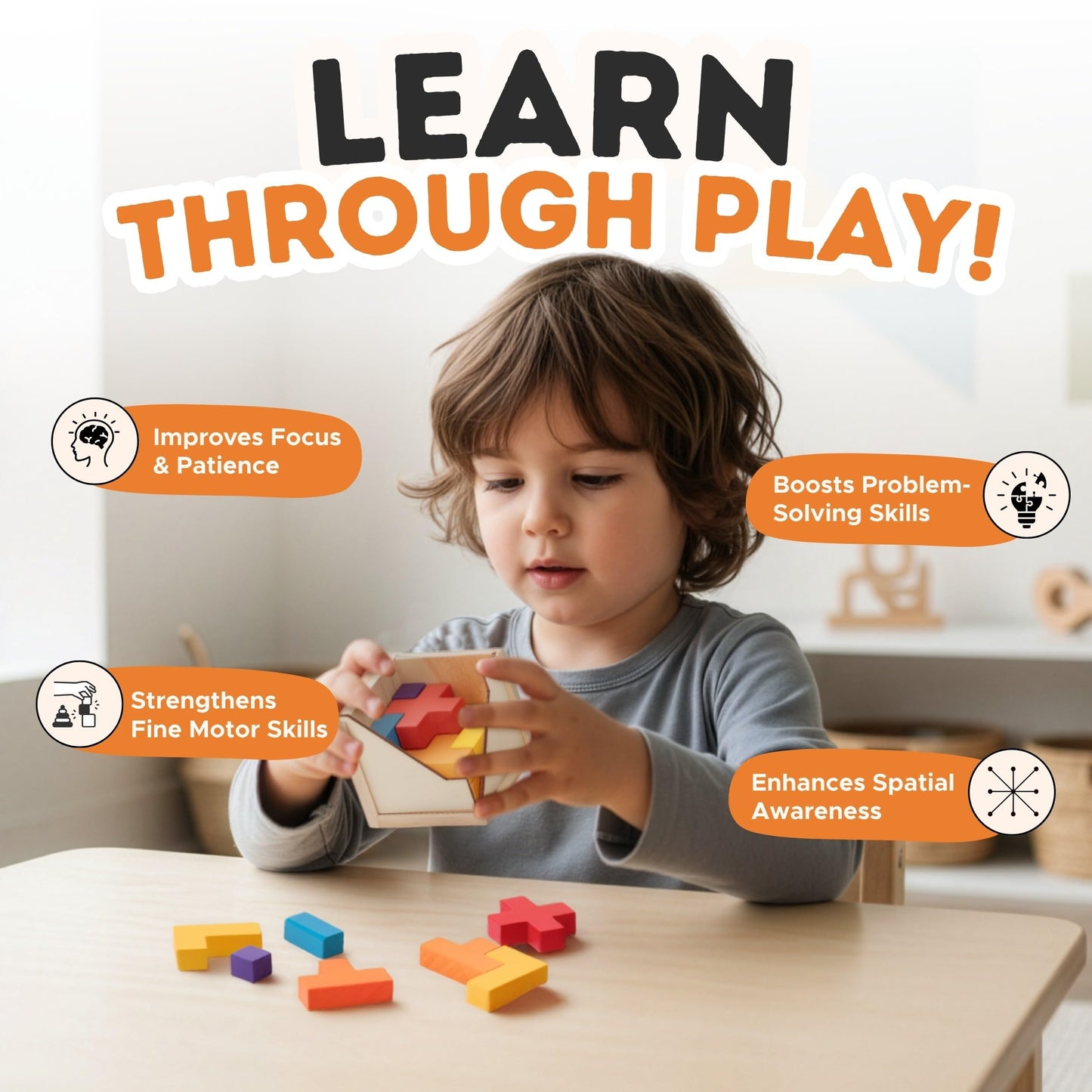 Zen Fun Wooden Brain Teaser Puzzle Cube - Montessori Toy Colorful Cube Puzzle for Kids Ages 5-7 and Easy Mind Puzzle for Adults - 20 Pieces