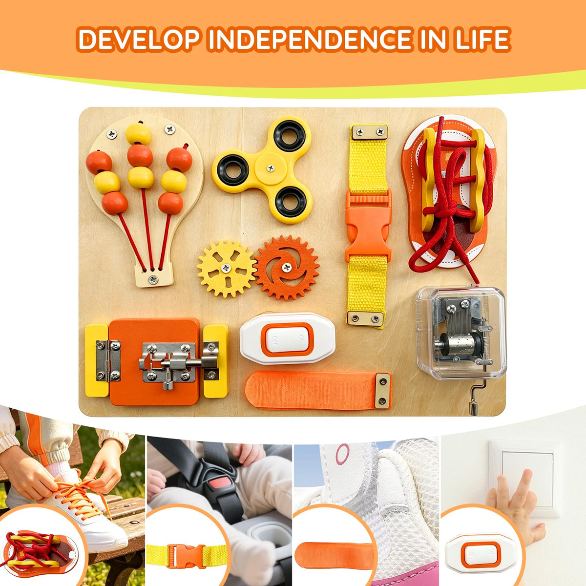 SEYTUFU Montessori Busy Board for Toddlers 2-4, Wooden Sensory Activity Board for Autistic Children, Travel Toys for 1+ Year Old Boy & Girl Birthday