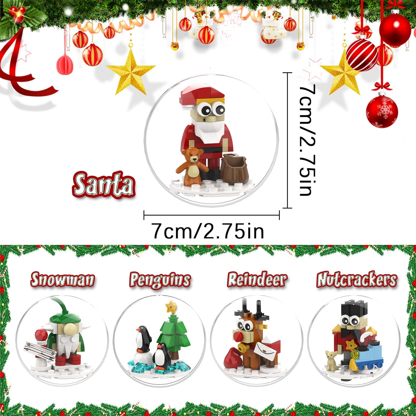 aphpaio Christmas Tree Ornaments Building Blocks Christmas, 2025 Christmas Decorations Ball Toys Included Santa Reindeer Nutcracker Gnome Penguin