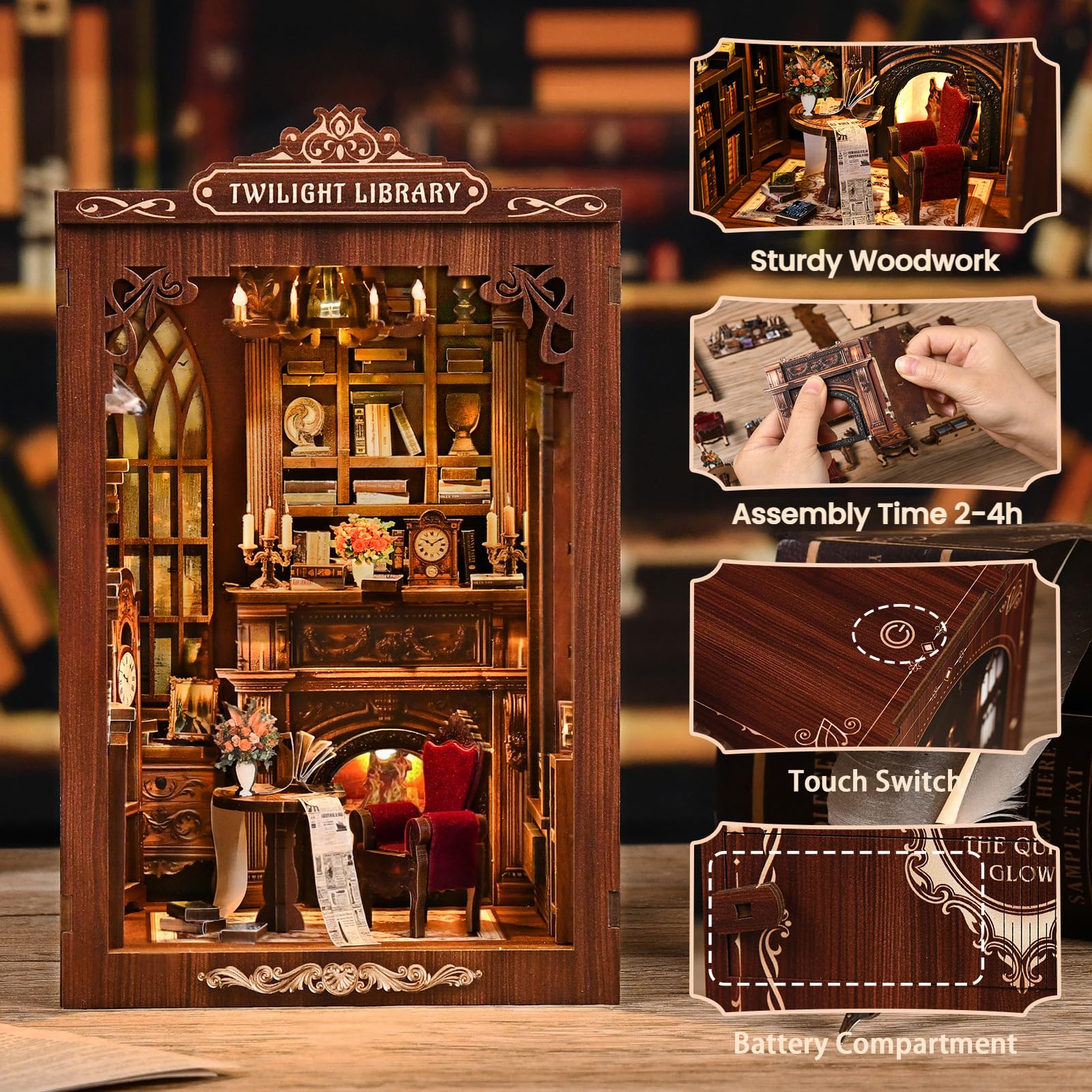 DIY Book Nook Kit with LED Lights | 3D Puzzles for Adults & Teens, Miniatures and Model Building Kits for Bookshelf Decor, Relaxing & Unique Gift