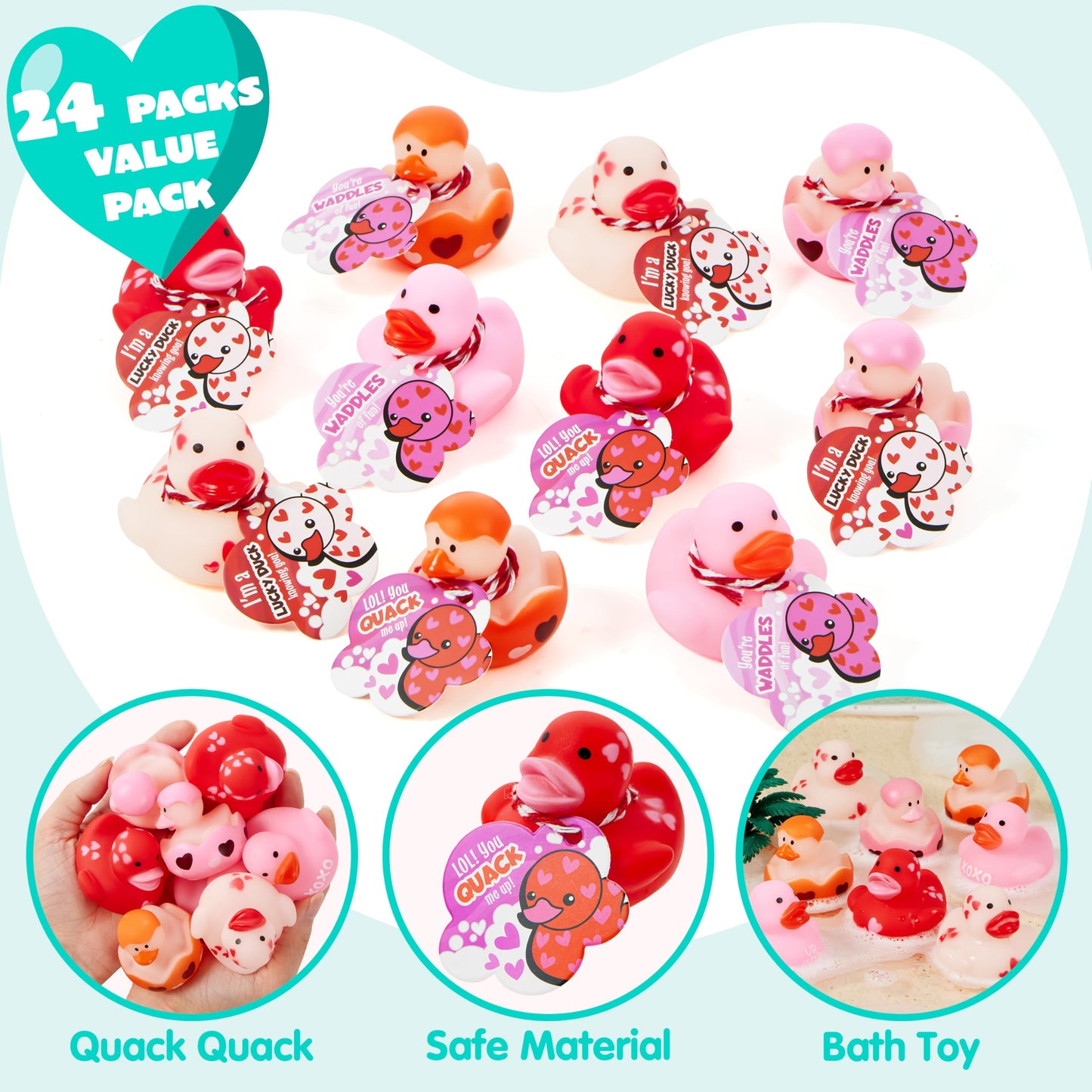 JOYIN 24 Pcs Valentine’s Day Gift Cards with Rubber Duck for Kids,Mini Rubber Duck Bath Toys for Classroom Exchange Prizes, Valentine Party Favors