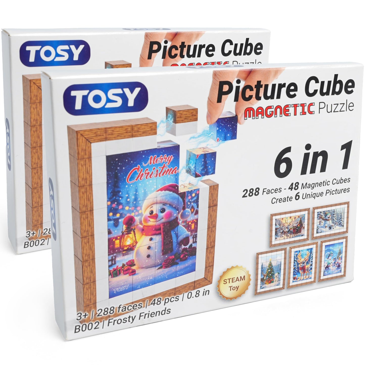 TOSY Picture Cube Frosty Friends: 6in1 Magnetic Picture Puzzle, 48 Blocks, 288 Faces/Magnets, 0.8 in, B002, Seamless UV Art, Display-Ready Frame