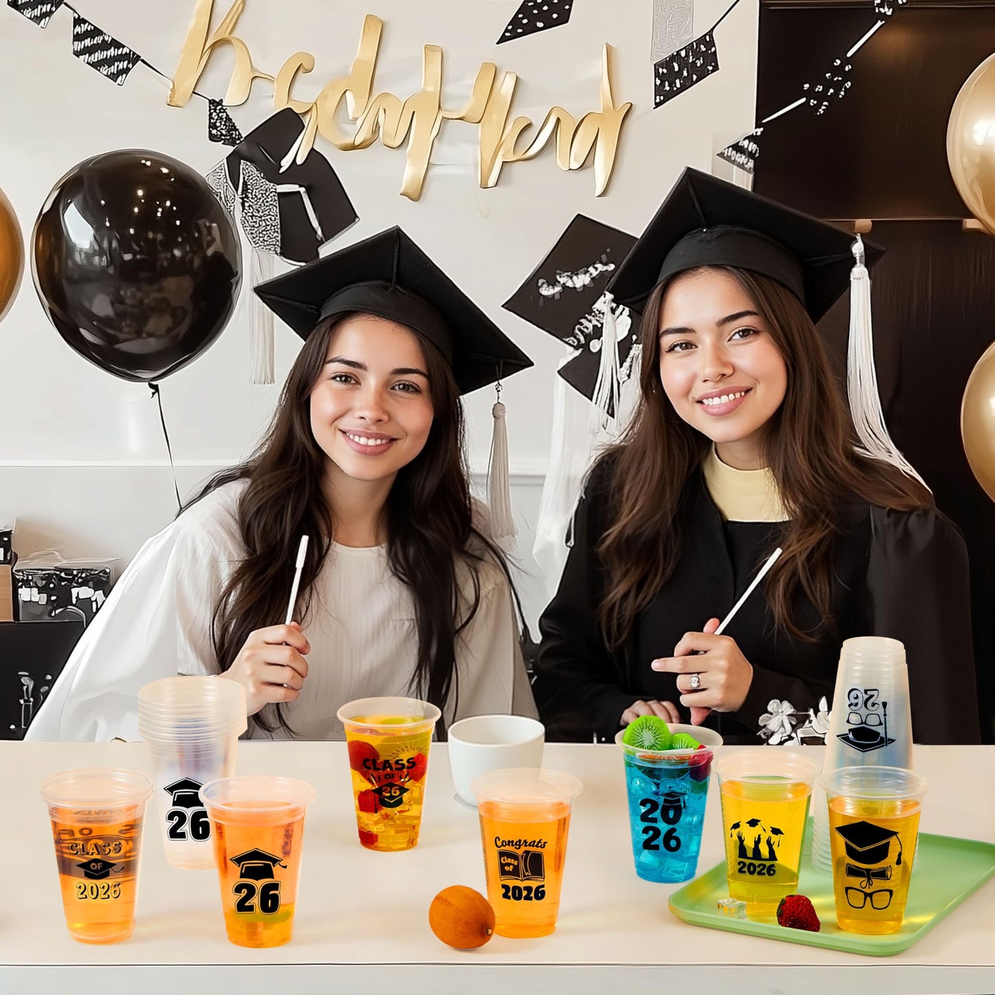JOYIN 24 Pcs 16OZ Graduation Plastic Party Cups, Black Class of 2026 Decorations, Personalized Graduation Cups for College High School Grad Party