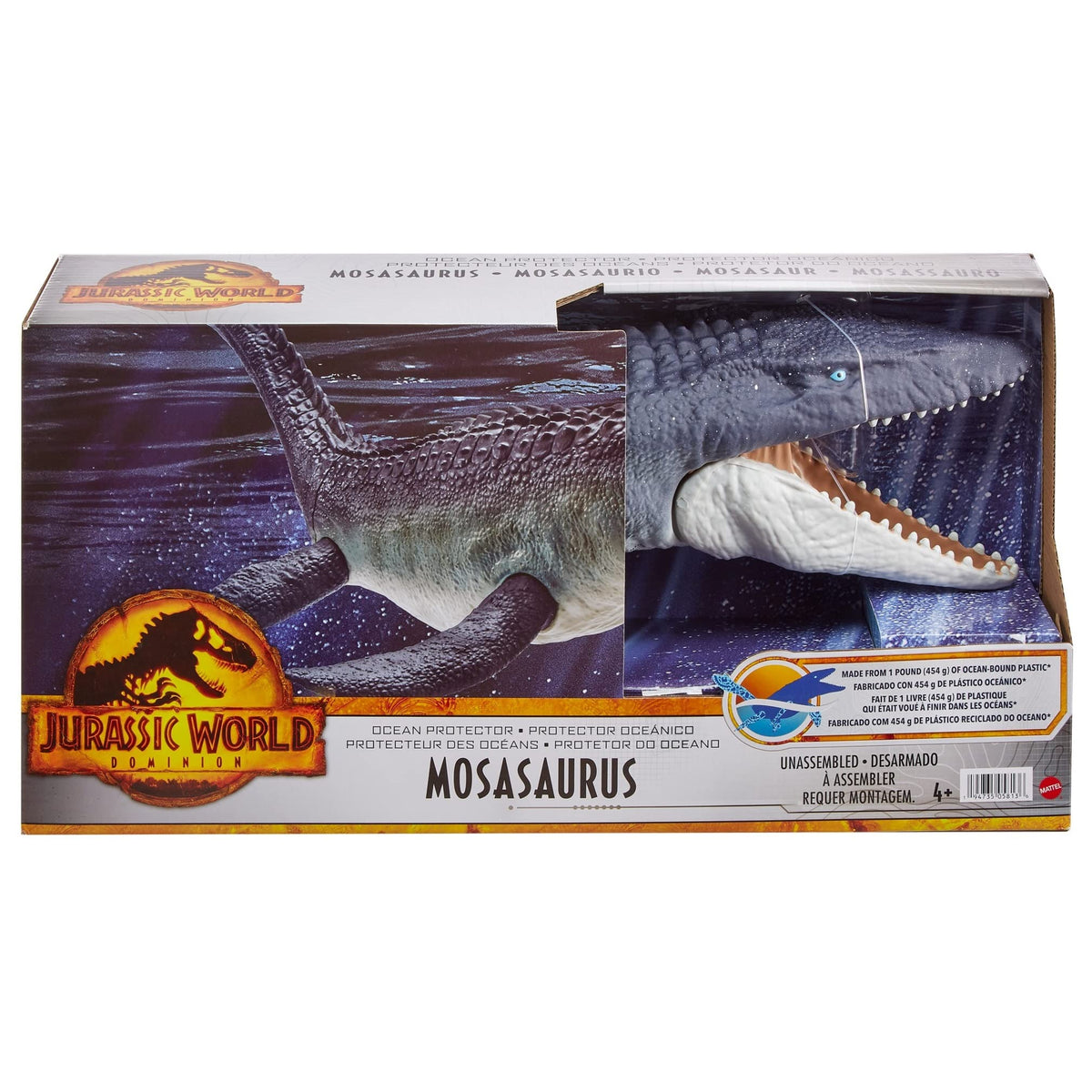Jurassic World Dominion Ocean Protector Mosasaurus Dinosaur Action Figure from 1 Pound of Recycled Plastic, Movable Joints, Toy Gift with Physical and