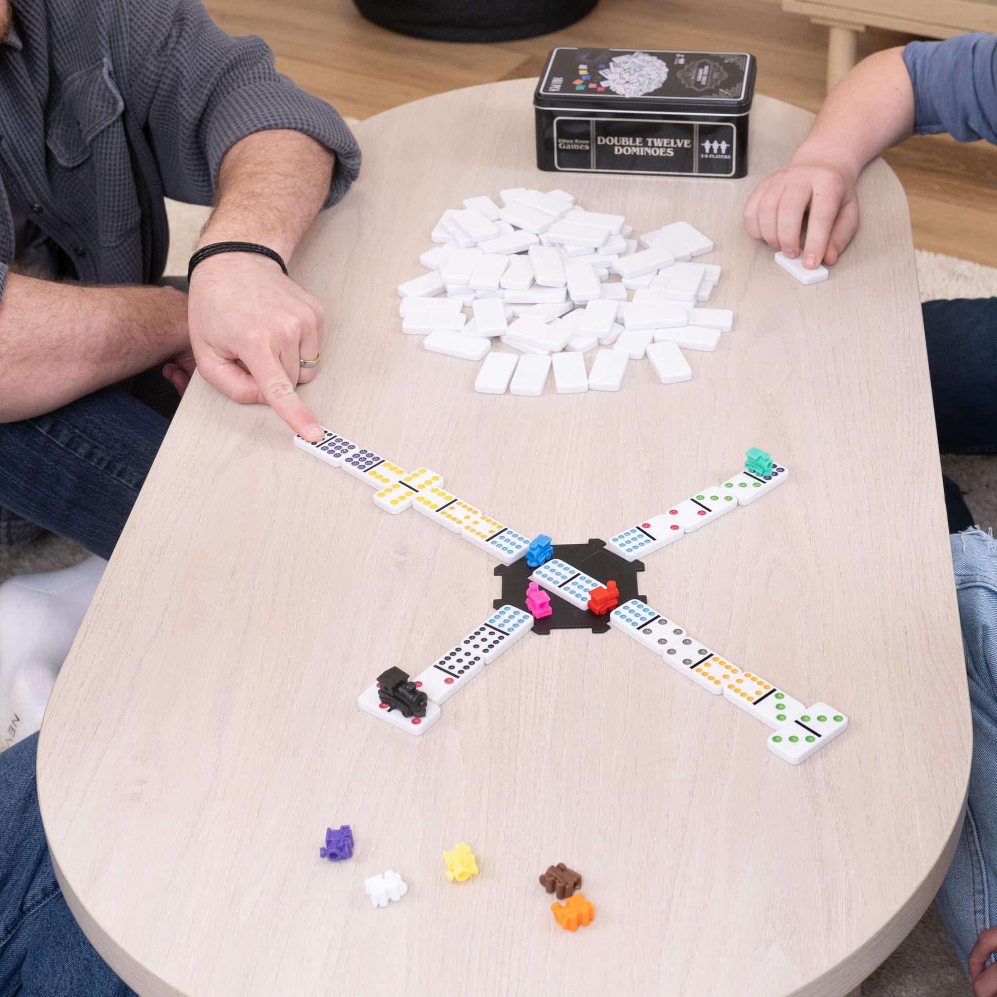 Elbow Room Games Double Twelve Dominoes Set with 91 Dominoes, 10 Trains, Starter Piece, Storage Tin - Perfect for Mexican Train, Block, and Draw -