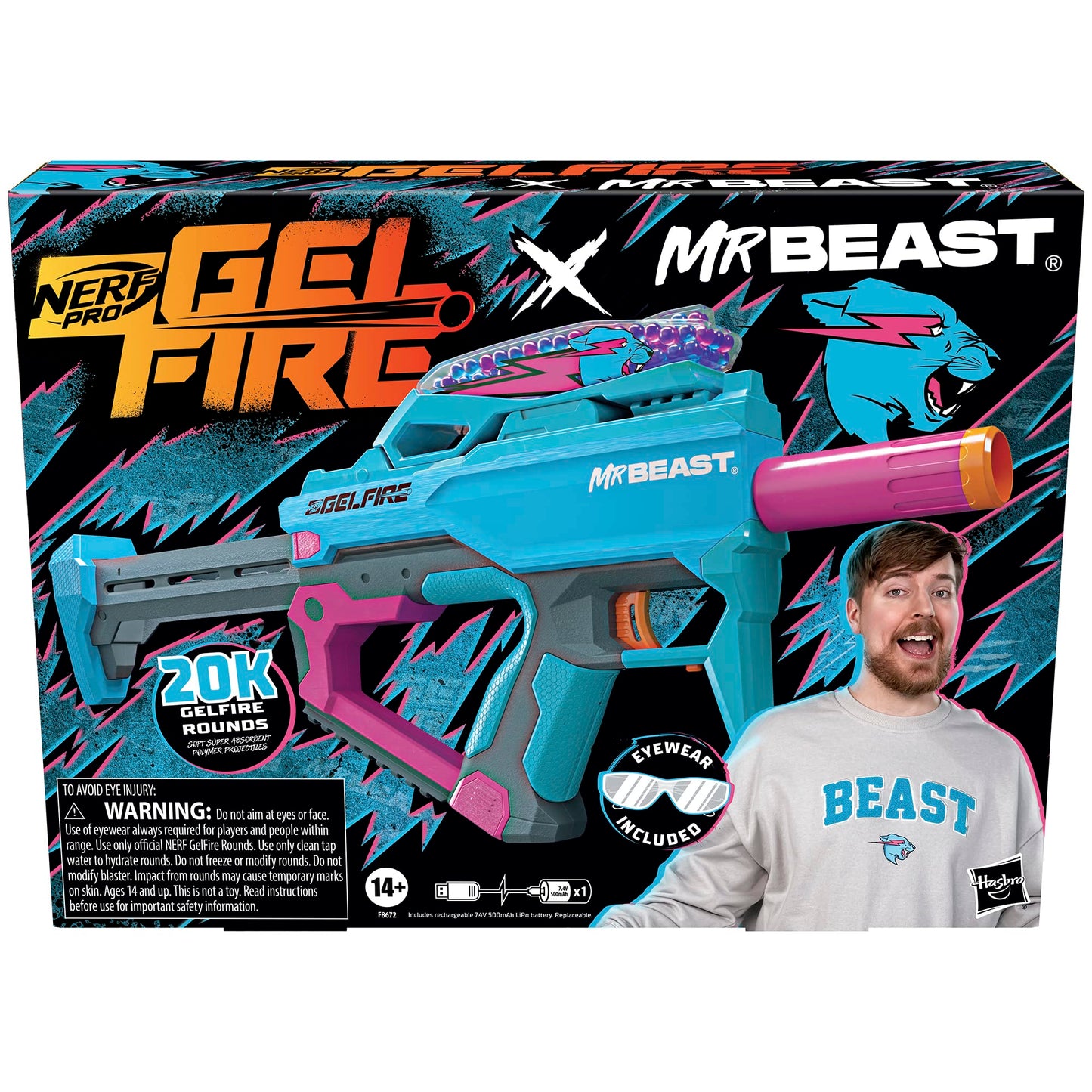 NERF Pro Gelfire X MrBeast Full Auto Blaster & 20,000 Gelfire Rounds, 300 Round Hopper, Rechargeable Battery, Eyewear, Ages 14 & Up