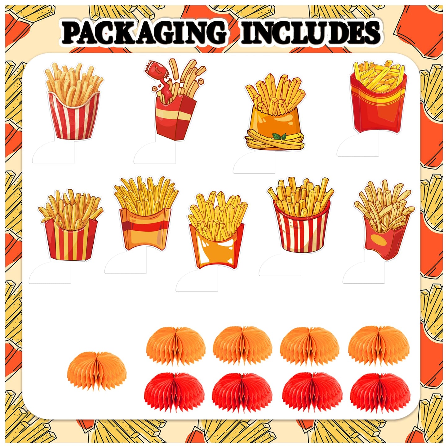 9 PCS French Fries Table Decorations Honeycomb Centerpiece, French Fries Centerpieces Table Topper for Fast Food French Fries Party Decorations