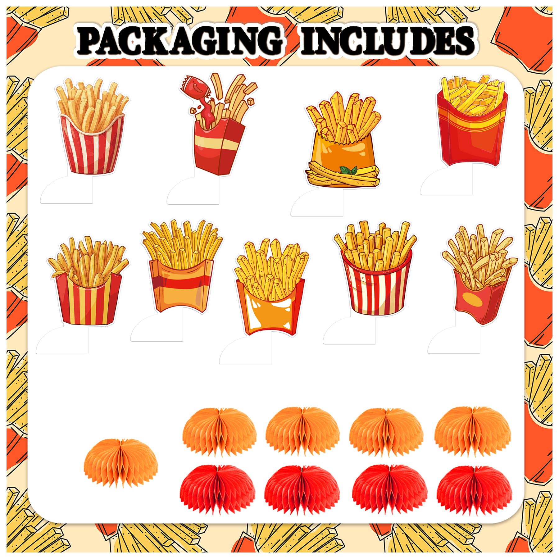 9 PCS French Fries Table Decorations Honeycomb Centerpiece, French Fries Centerpieces Table Topper for Fast Food French Fries Party Decorations