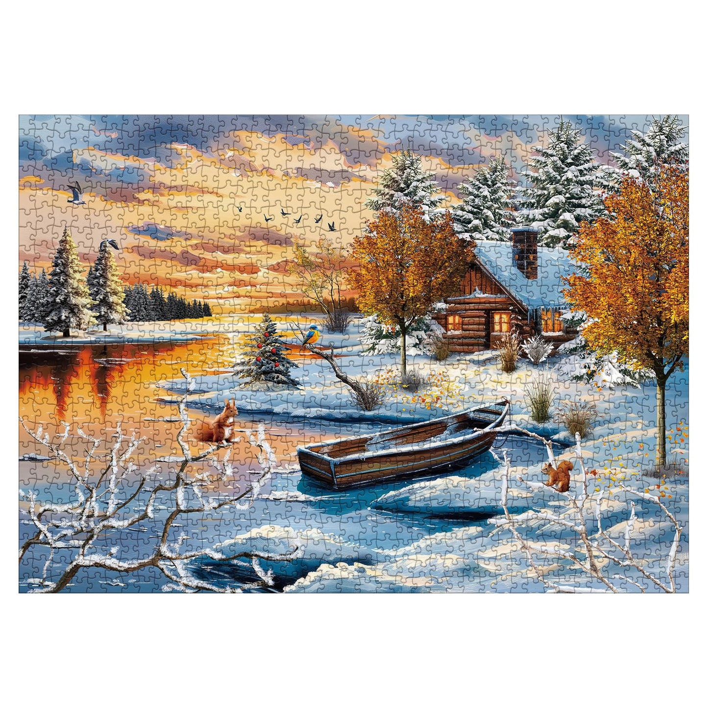 Winter Nature Landscape Puzzles for Adults 1000 Pieces, Pretty Sunset Lake House Tree Jigsaw Puzzles, Challenging Snow Scenic Cabin River Animal