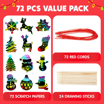 JOYIN 72 Pcs Christmas Scratch Art Ornaments, Scratch Paper Craft Kit Include Snowman, Snowflakes, Christmas Tree, and Reindeer, Rainbow Color Scratch