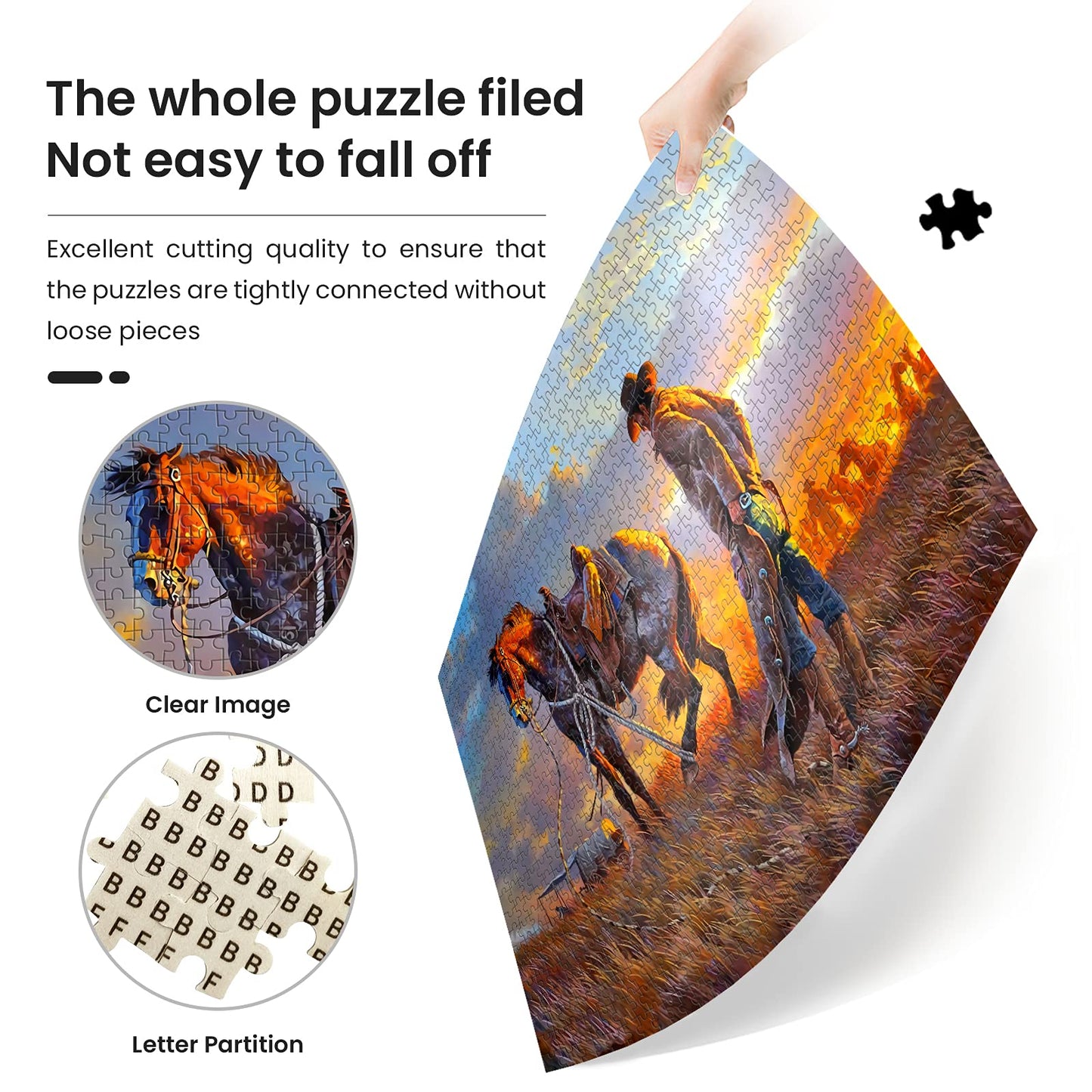 najiaxiaowu Wooden 1000 Pieces Jigsaw Puzzles for Adults, Elderly or Kids, Western Cowboy Rider Prairie Wind Flower Puzzle for Family Parent-Child