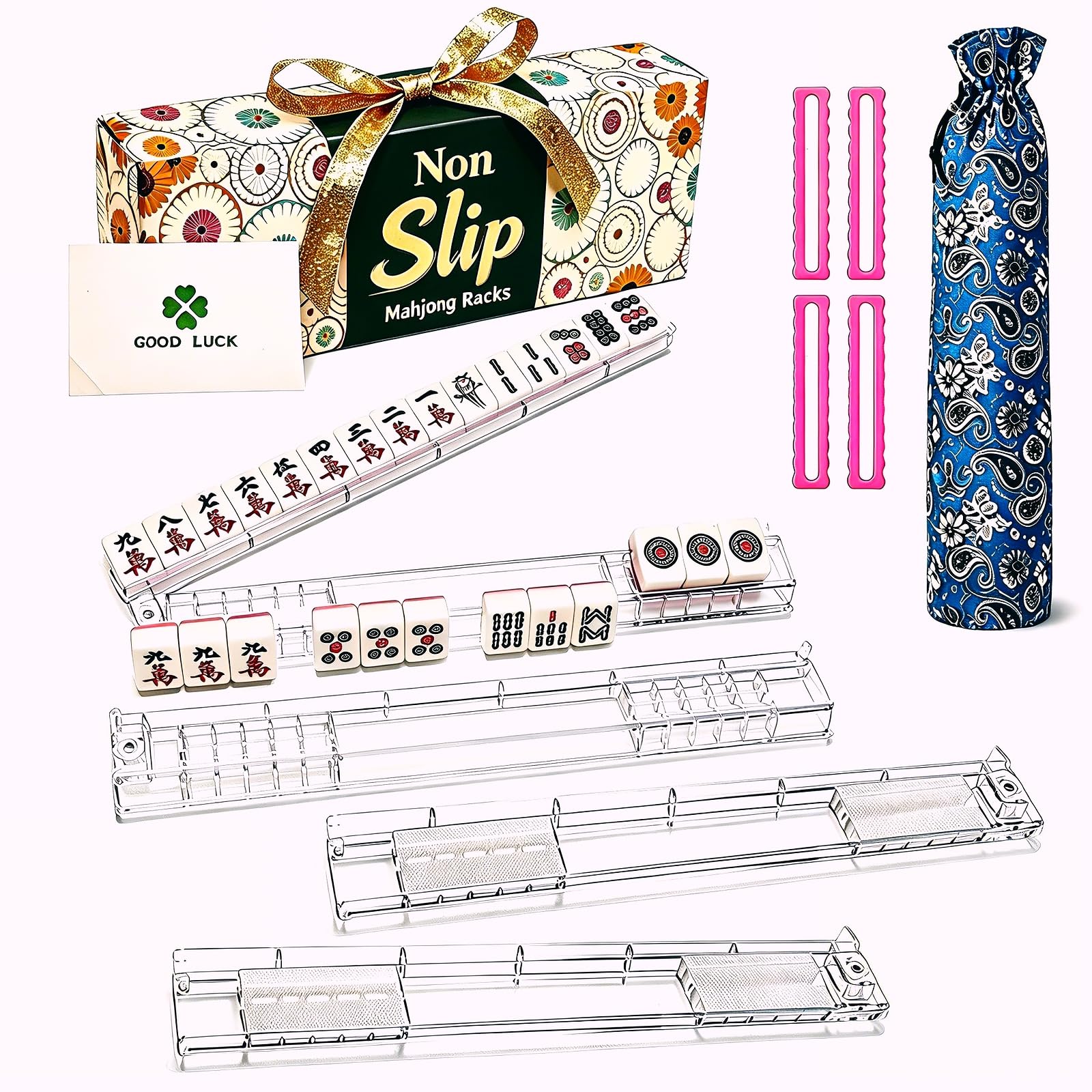 Non-Slip Clear Mahjong Racks with Pushers Set of 4, Complete Gift Set with 4 Readers, Lucky Clover Card, Paisley Bag & Elegant Gift Box, American