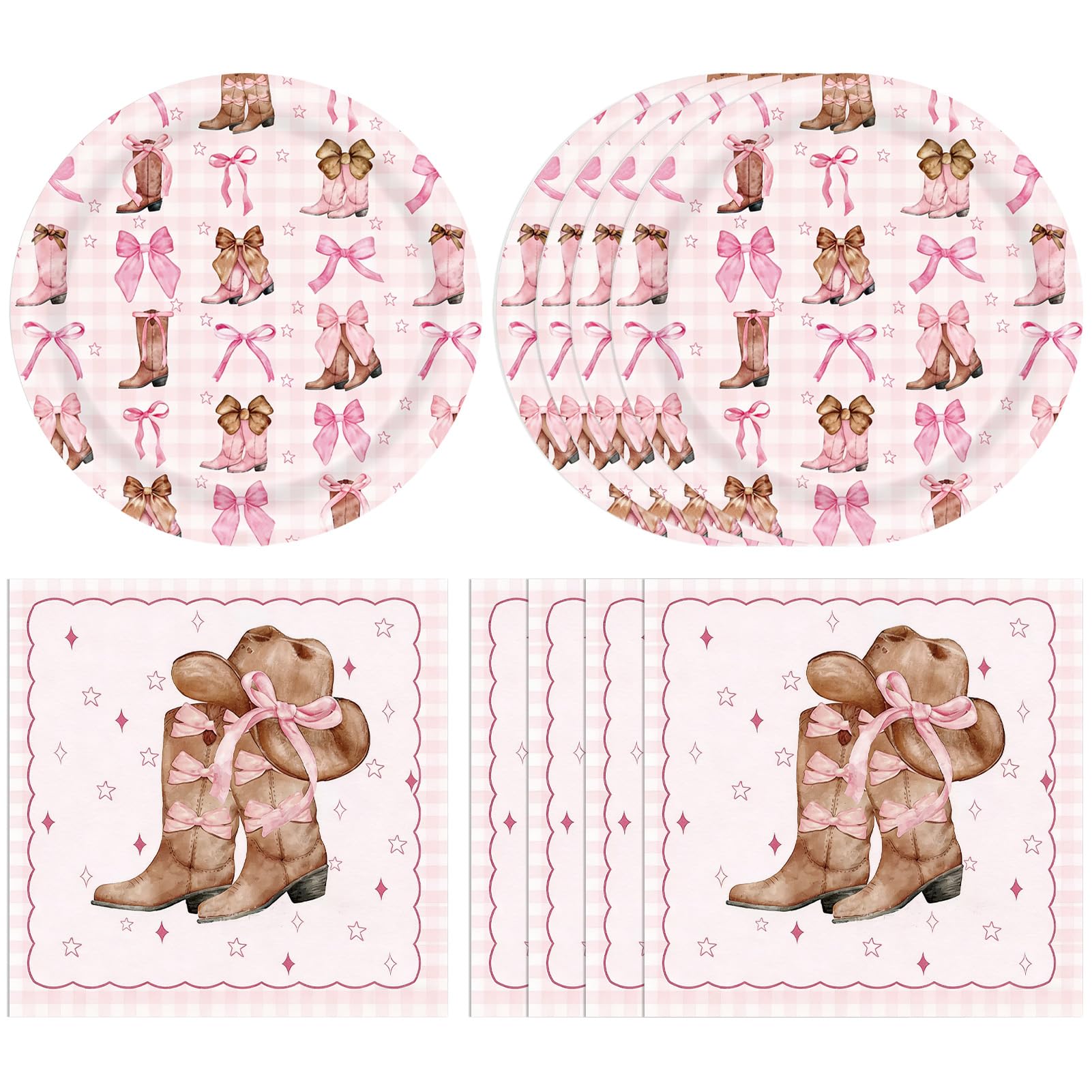 Coquette Bow Cowgirl Paper Plates Tableware Set 40PCS Western Cowgirl Birthday Party Supplies Pink Bowknot Boots Rodeo Bachelorette Party Plates