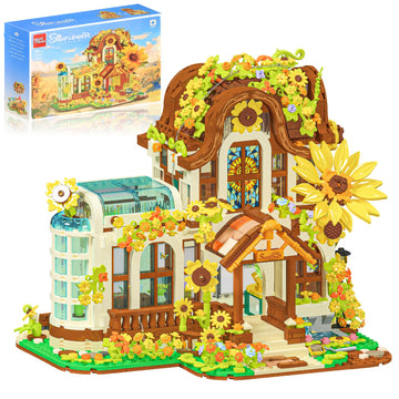 NightFlares Flower House Building Set with LED Light, Sunflower House Shop Building kit with Greenhouse & Motion Sensor, Gift for Women Mom Girl 14+