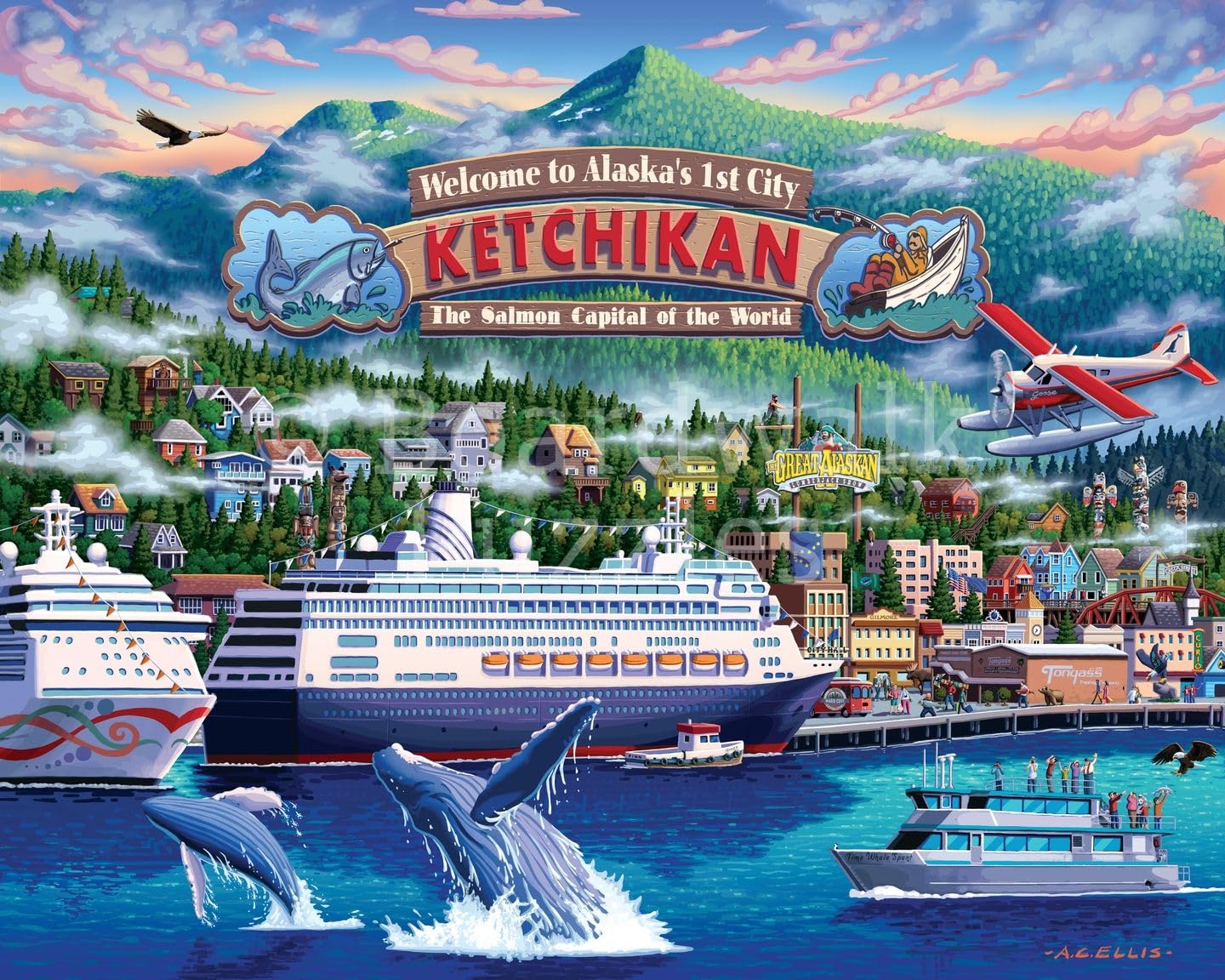 Boardwalk Ketchikan 500 Piece Jigsaw Puzzle Scenic Wildlife Alaska Puzzles with Premium Box, Gift for Adults and Family 16"x20"