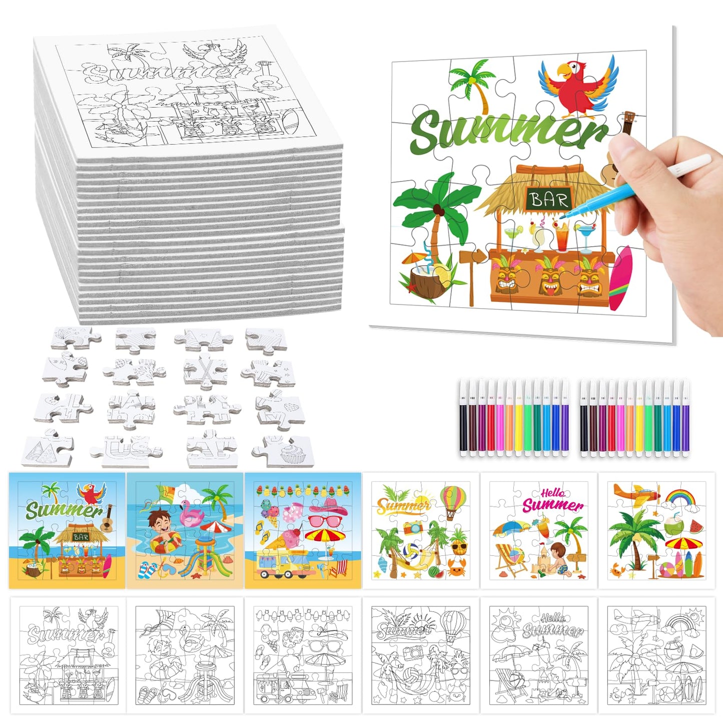 Fennoral 24 Pack DIY Coloring Summer Jigsaw Puzzle Craft Kit for Kids